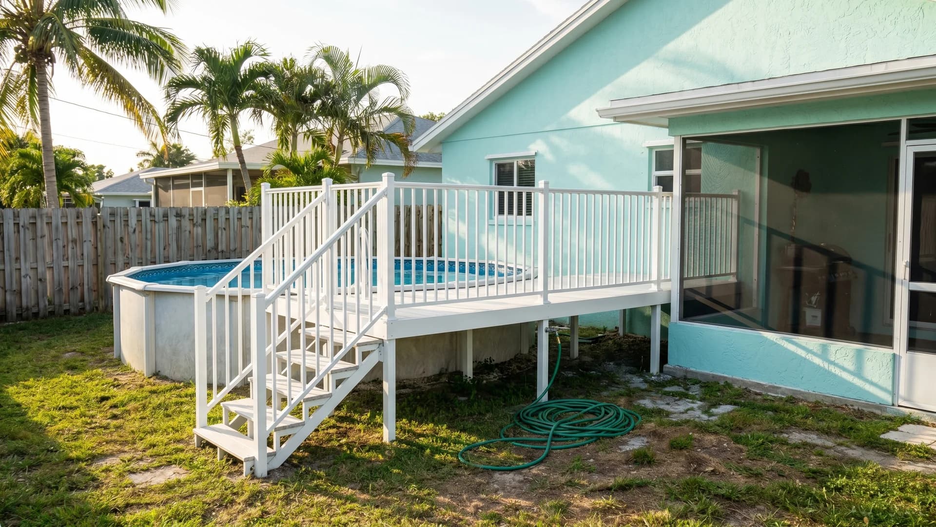White aluminum kit deck with railing on an above ground pool at a Florida home with palm trees