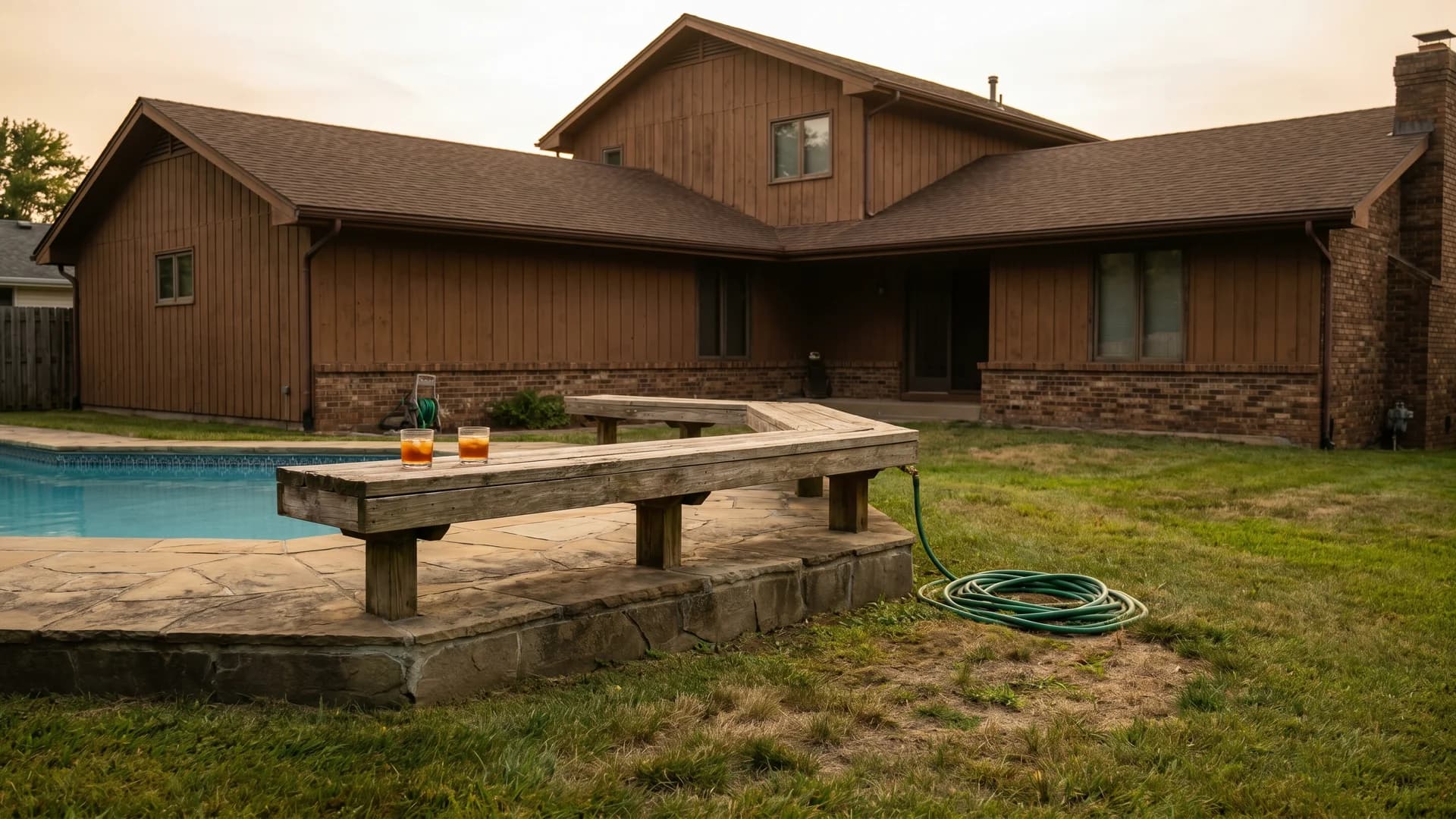 Pool platform with built-in bench seating along the edge at a brown tri-level home in the evening