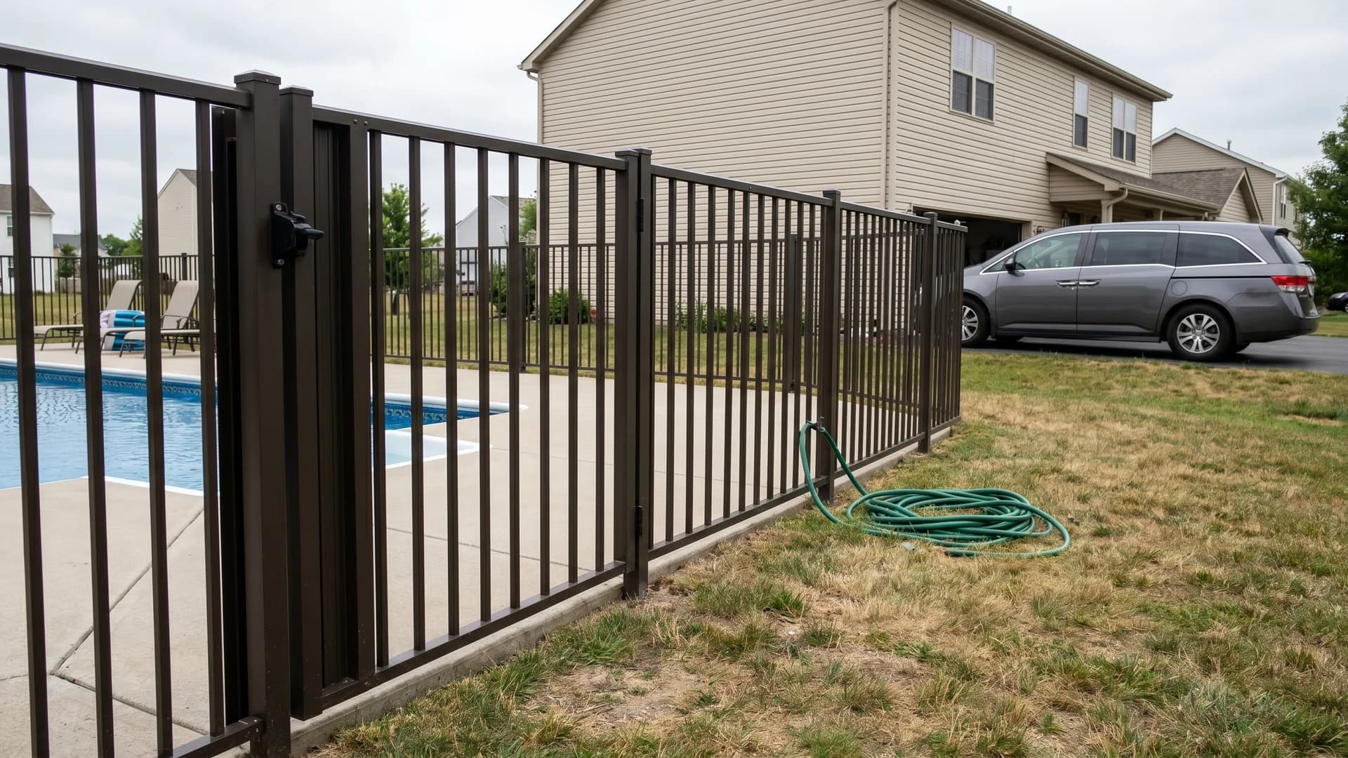 Self-latching gate and code-height railing on an above ground pool deck at a beige suburban two-story