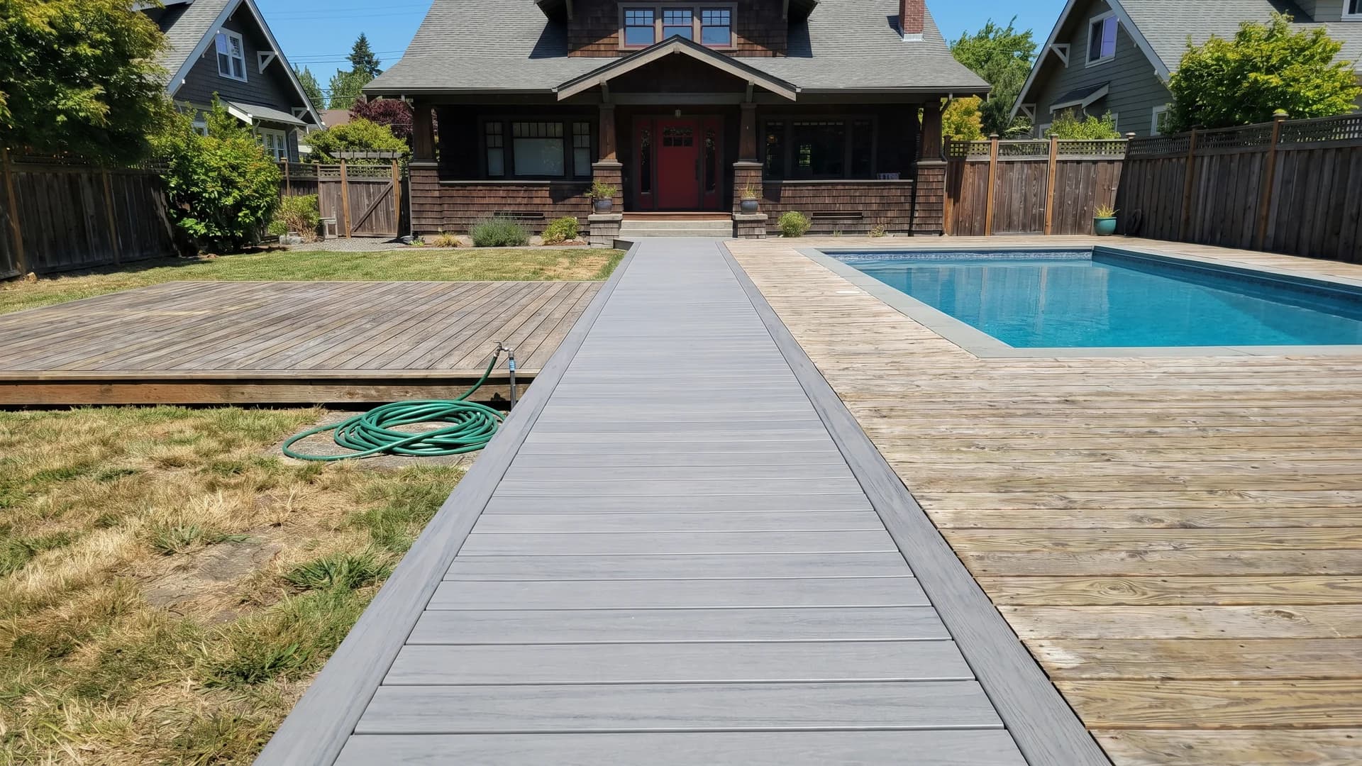 Deck with composite boards on the main landing zone and wood elsewhere at a craftsman house with a red door