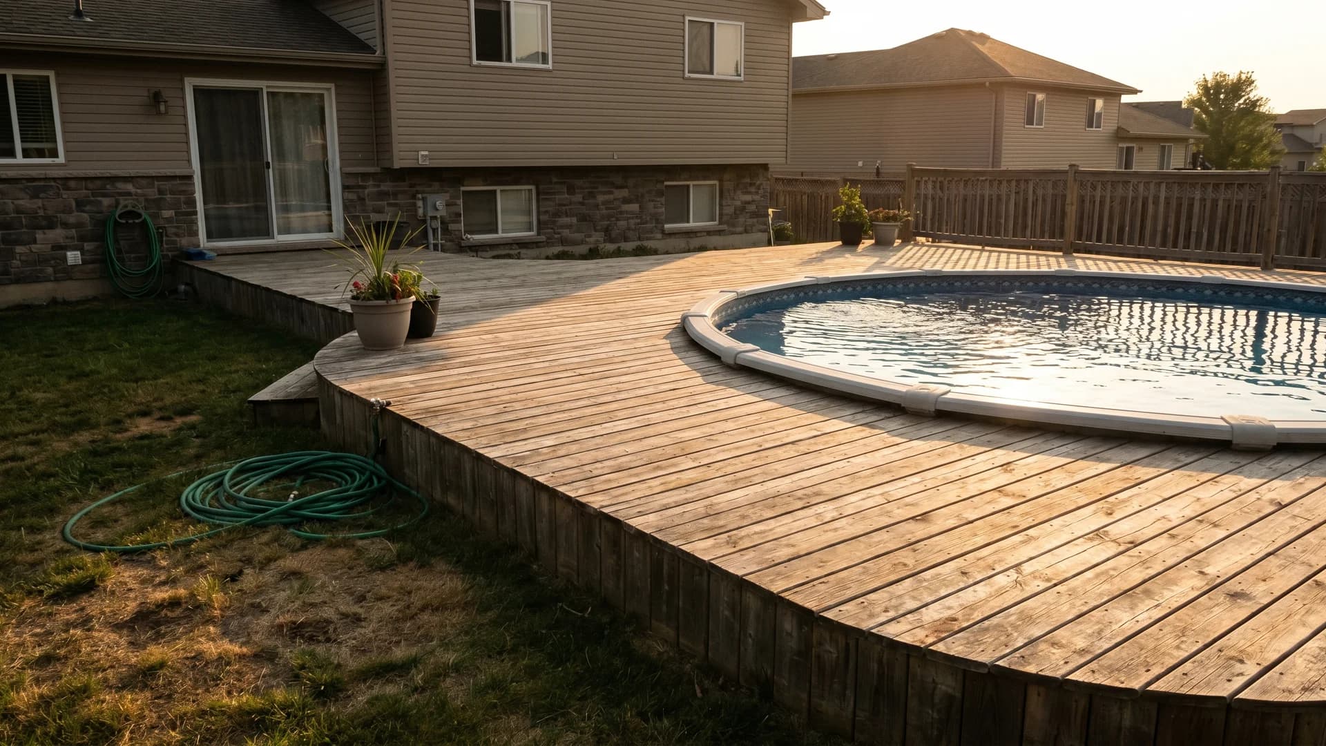 Pool deck with rounded corner decking softening the platform edge at a stone-accent suburban home