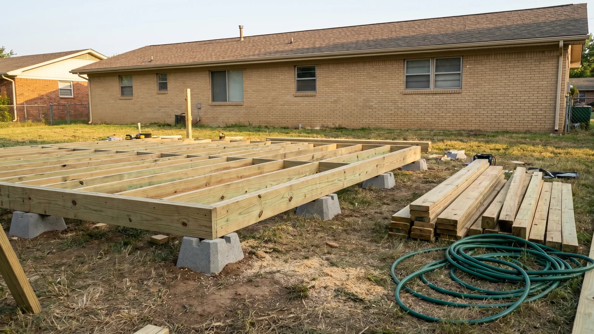 Concrete deck blocks supporting a small pool deck frame under construction at a tan ranch house