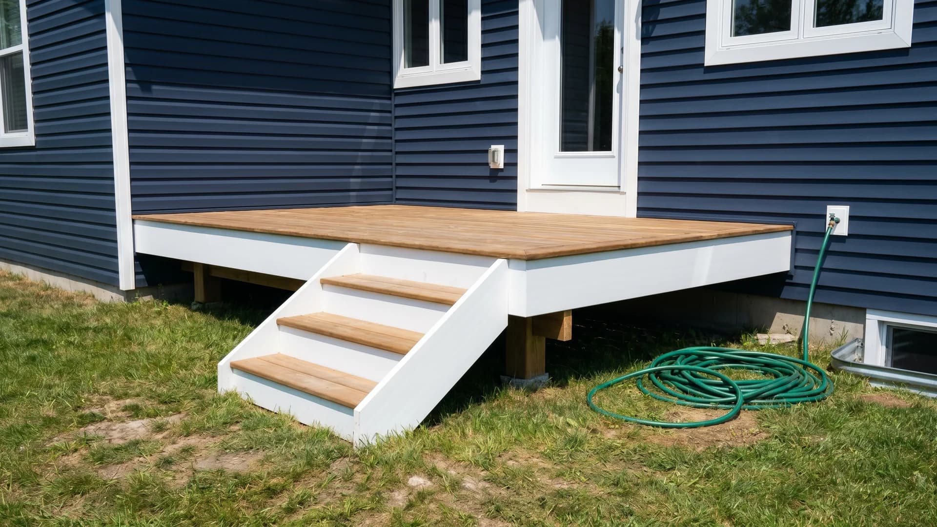 Budget pool deck with clean white fascia boards and trim at a navy blue sided house