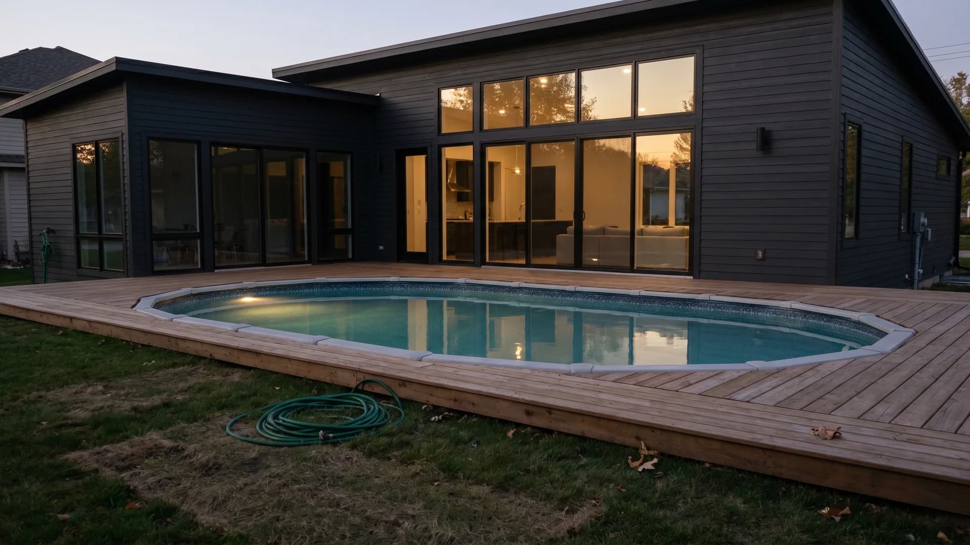 Deck built flush with the pool top rail creating an inground look at a charcoal contemporary home