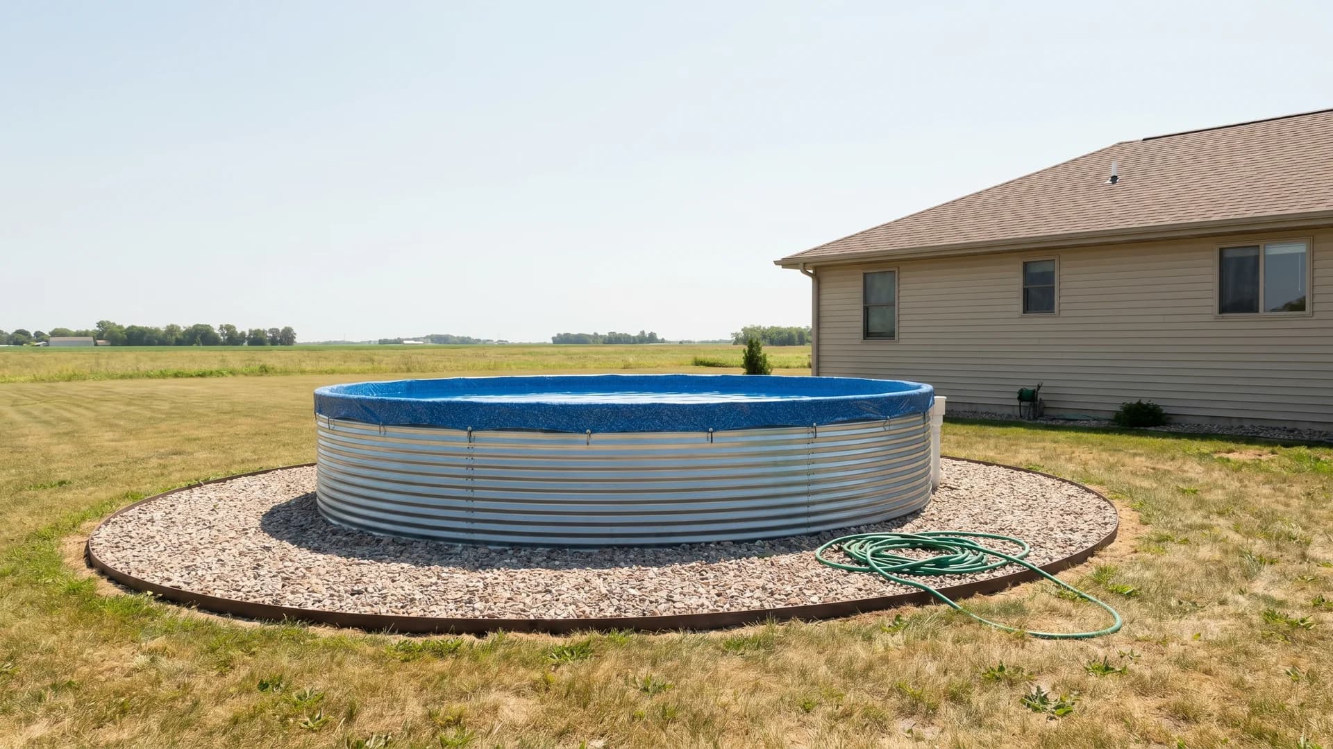 Above ground pool deck ideas on a budget: a gravel surround with steel edging around a pool beside a beige ranch house