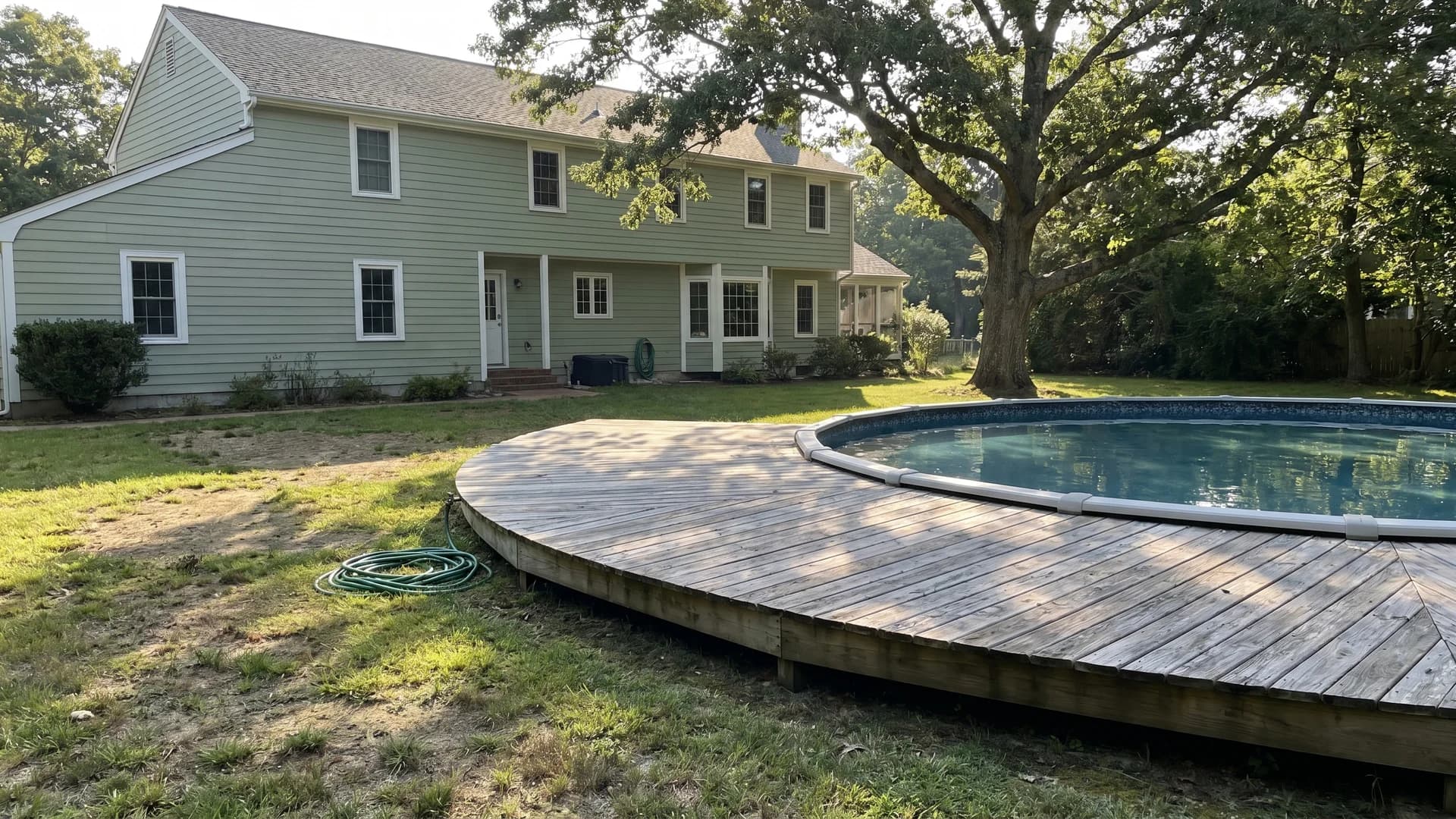Curved half-moon sun deck on one side of a round pool at a pale green colonial with a large oak