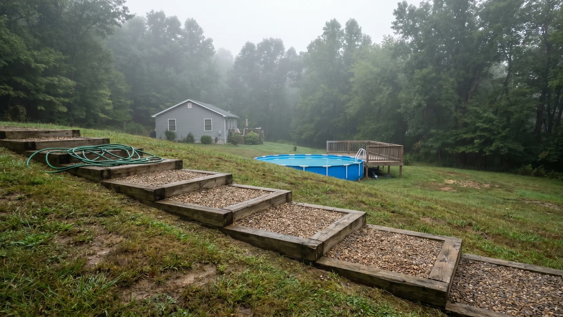 Timber steps cut into a sloped yard leading down to an above ground pool on a hillside