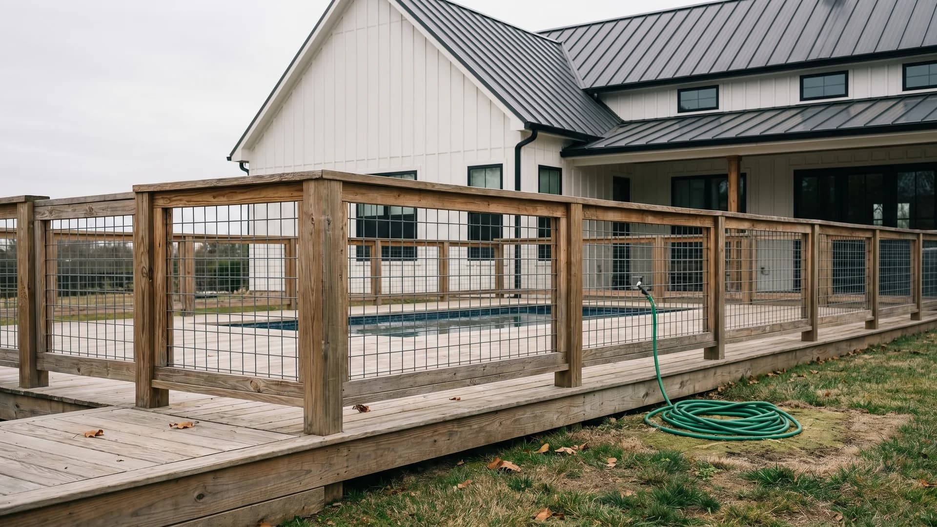Pool deck railing made of hog wire panels in wood frames at a black and white modern farmhouse