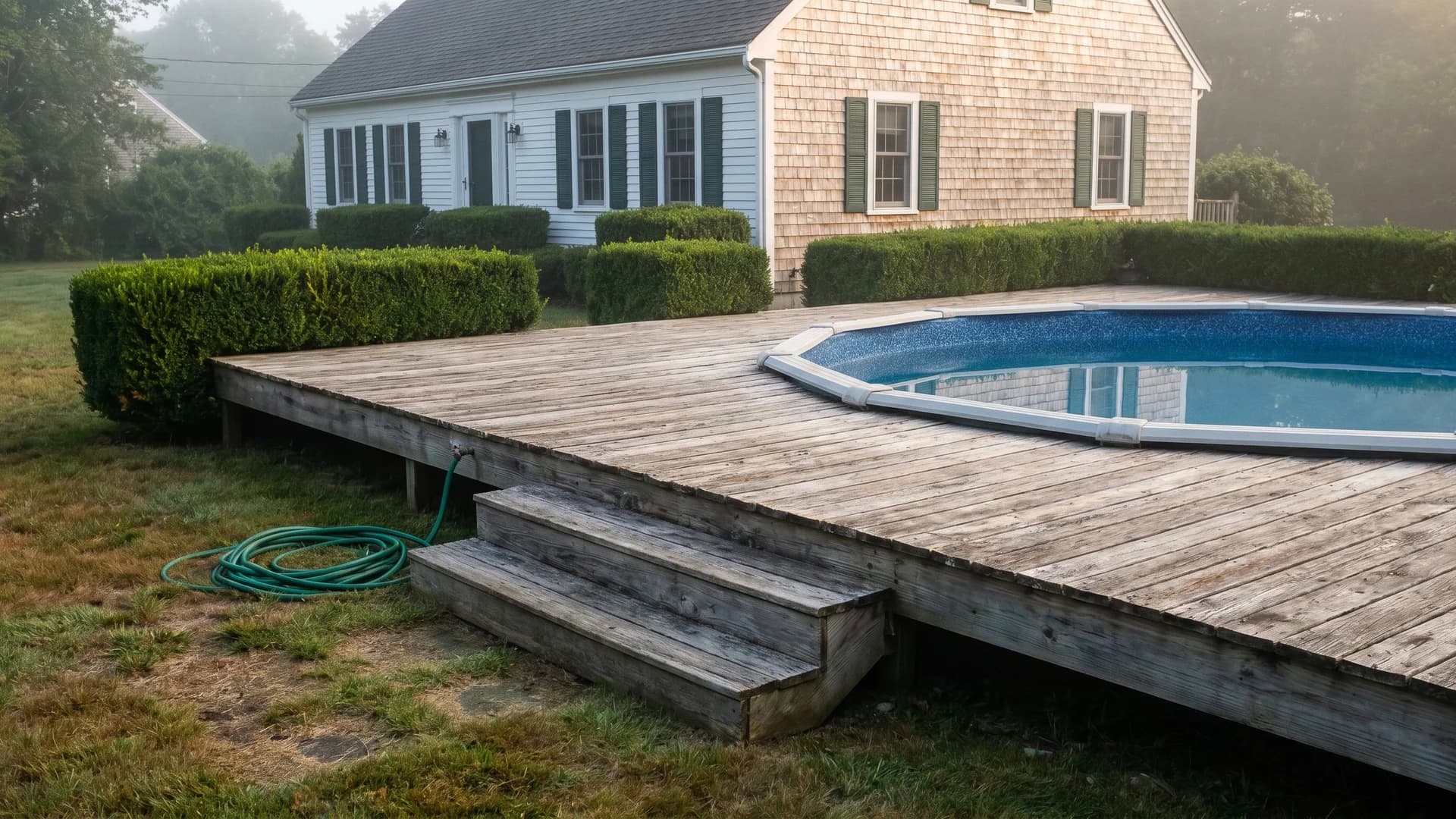 L-shaped partial deck wrapping two sides of an above ground pool at a white Cape Cod home