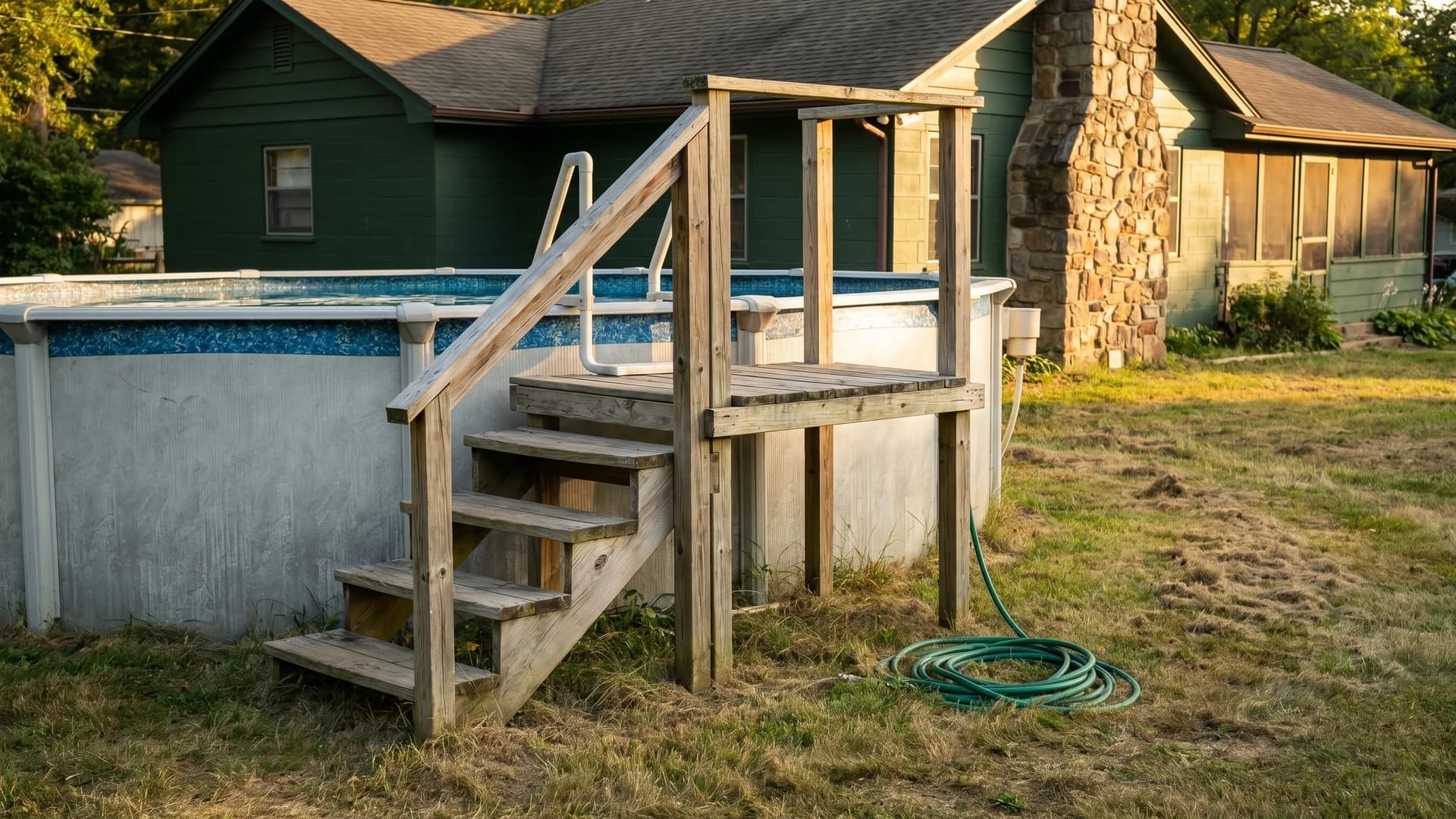 Compact 4 by 8 foot ladder landing deck with handrail at a green bungalow