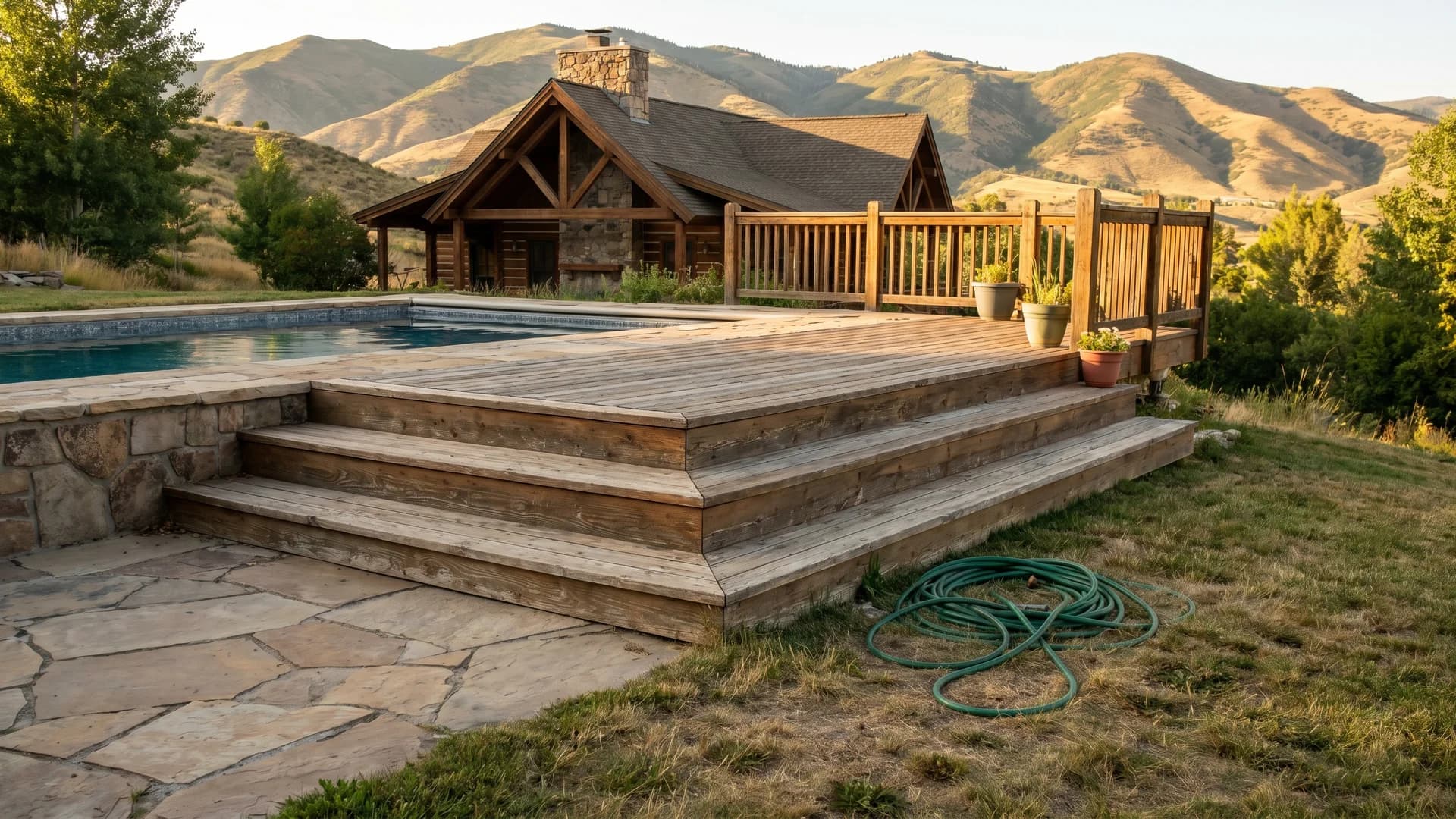 Multi-level deck with wide steps descending from pool height to a ground patio on a hillside lot