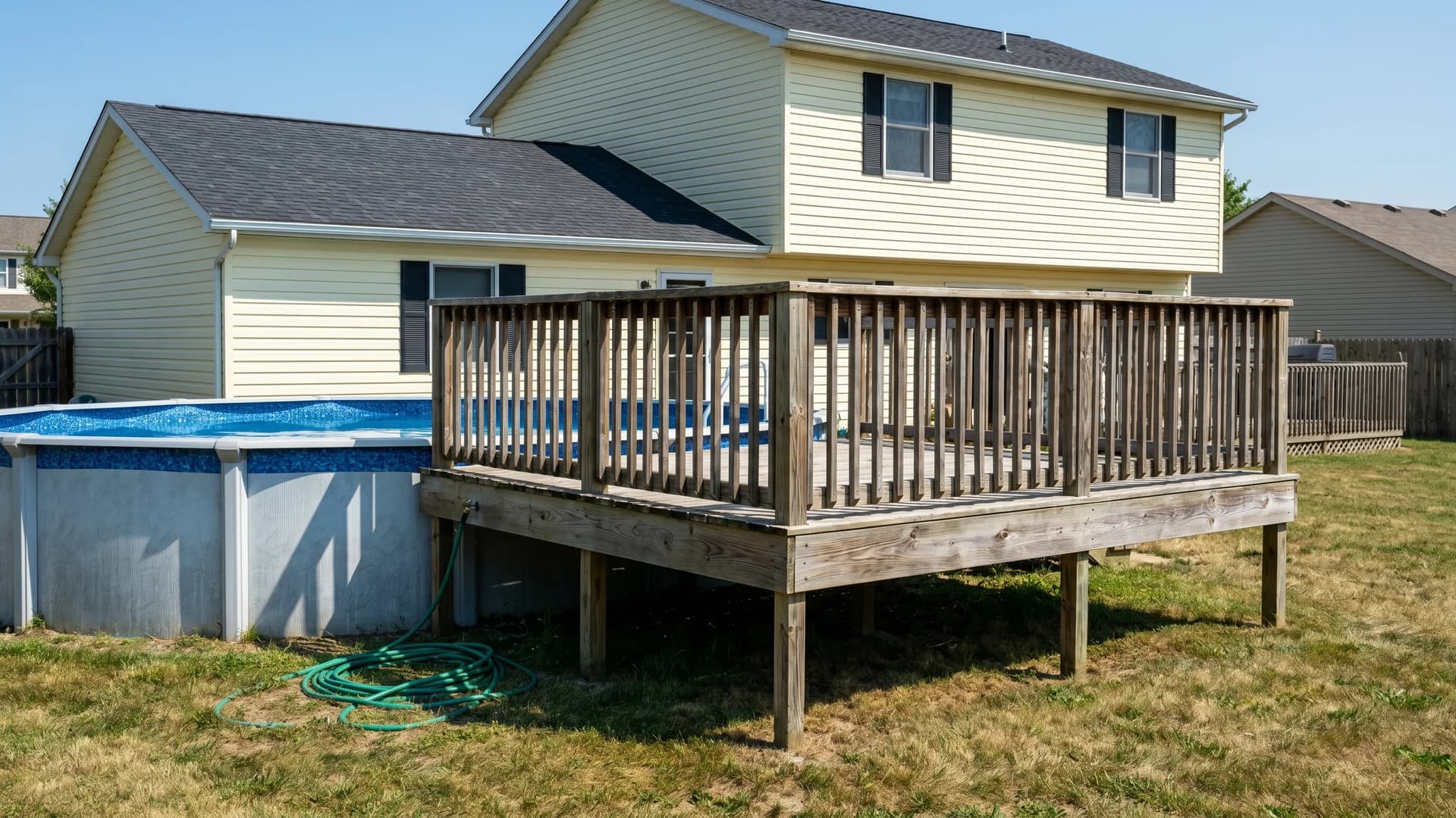 Small one-side wood platform on an above ground pool at a yellow two-story Ohio home