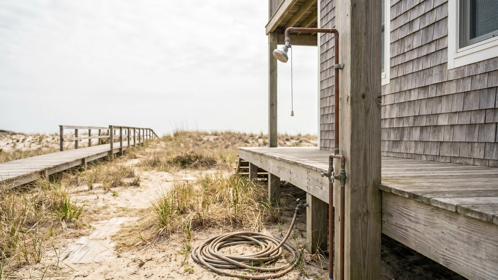 Simple outdoor shower mounted on a pool deck post at a cedar shake beach house