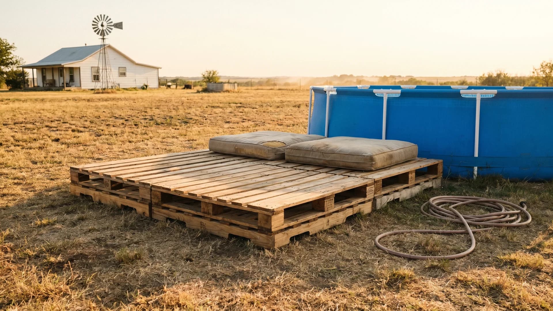 Low platform made of sealed wooden pallets beside an above ground pool at a small white Texas farmhouse