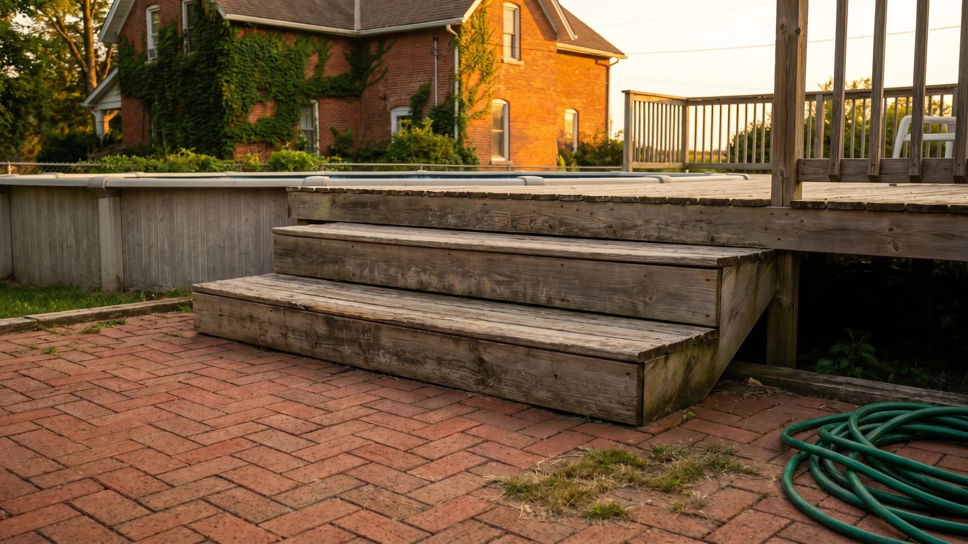 Wooden step-up connecting an existing brick patio to an above ground pool deck at sunset