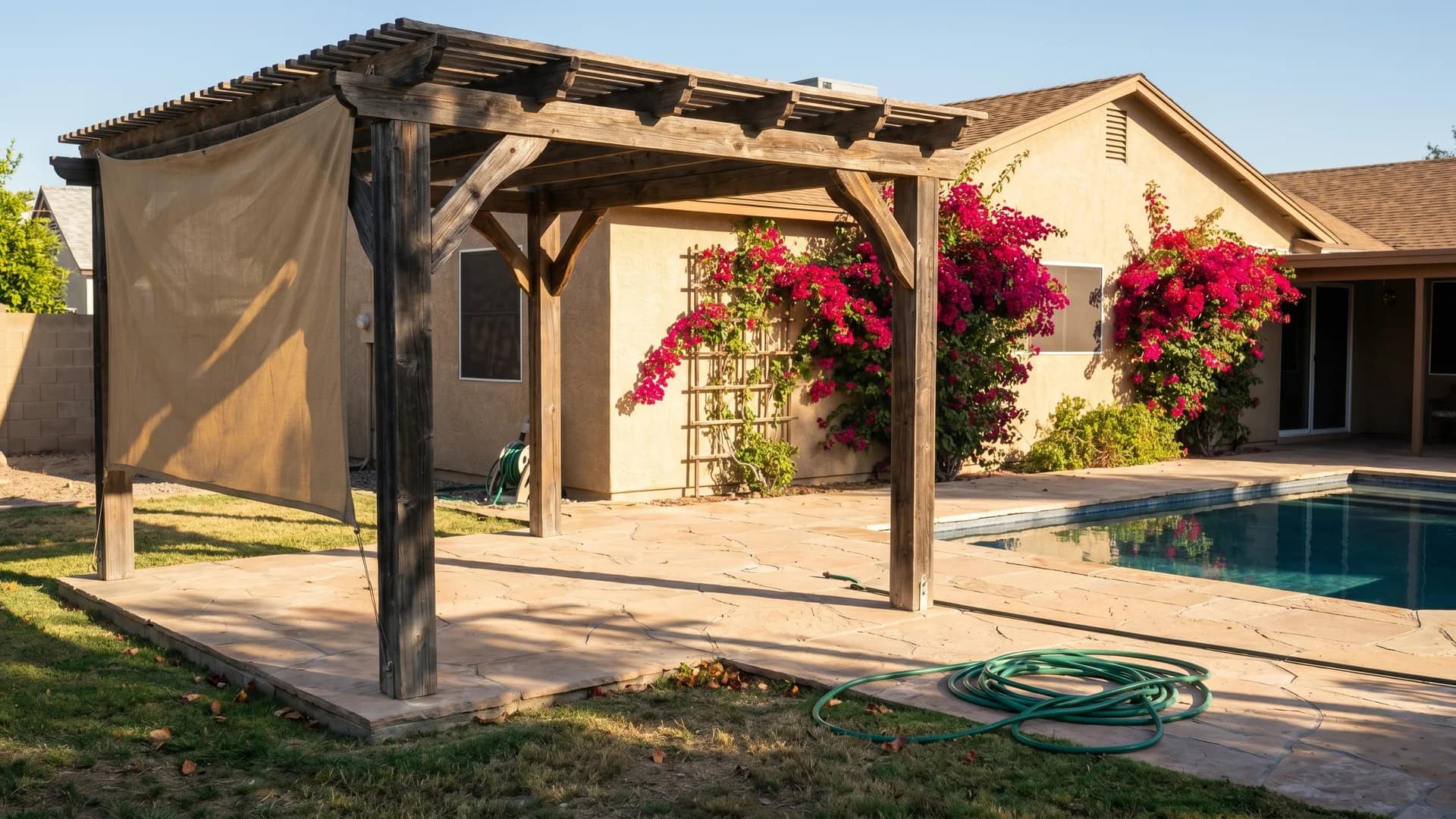 Pool deck with a wooden pergola shading one corner at a tan stucco house with bougainvillea