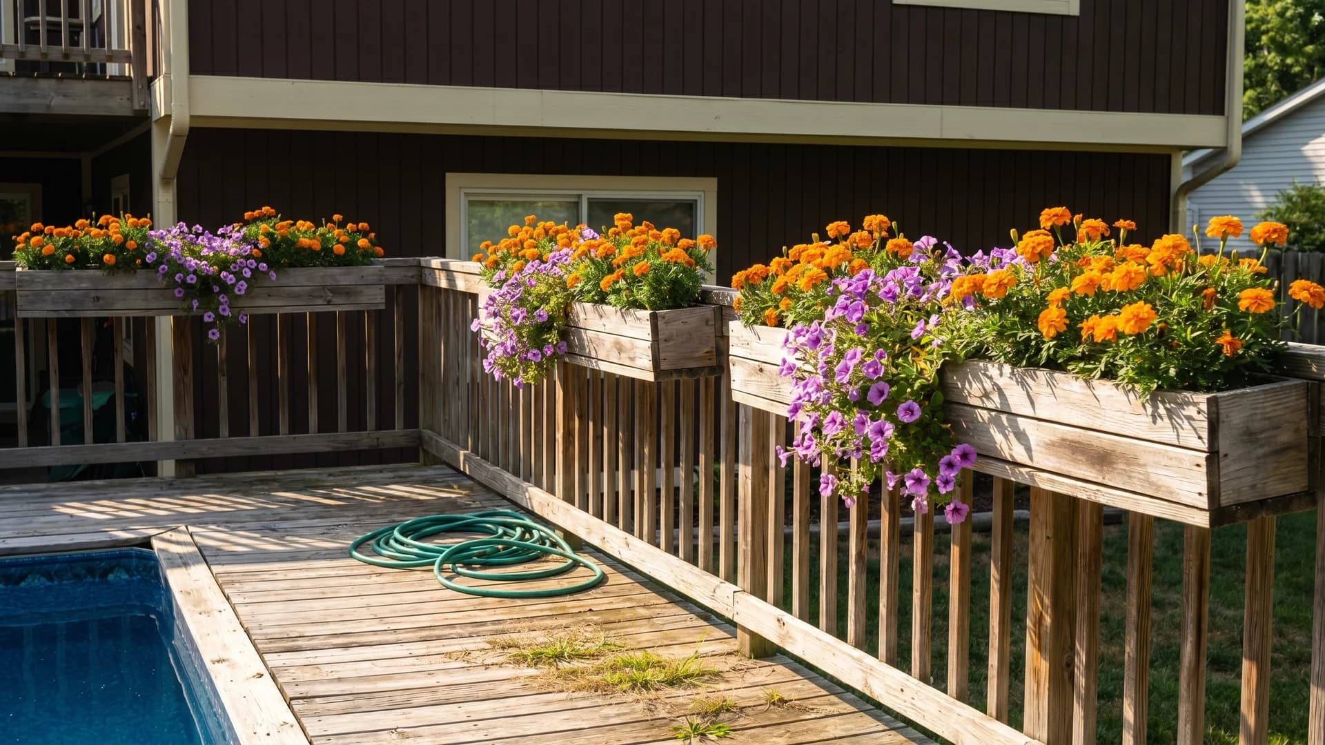 Deck railing with built-in planter boxes full of marigolds at a dark brown house
