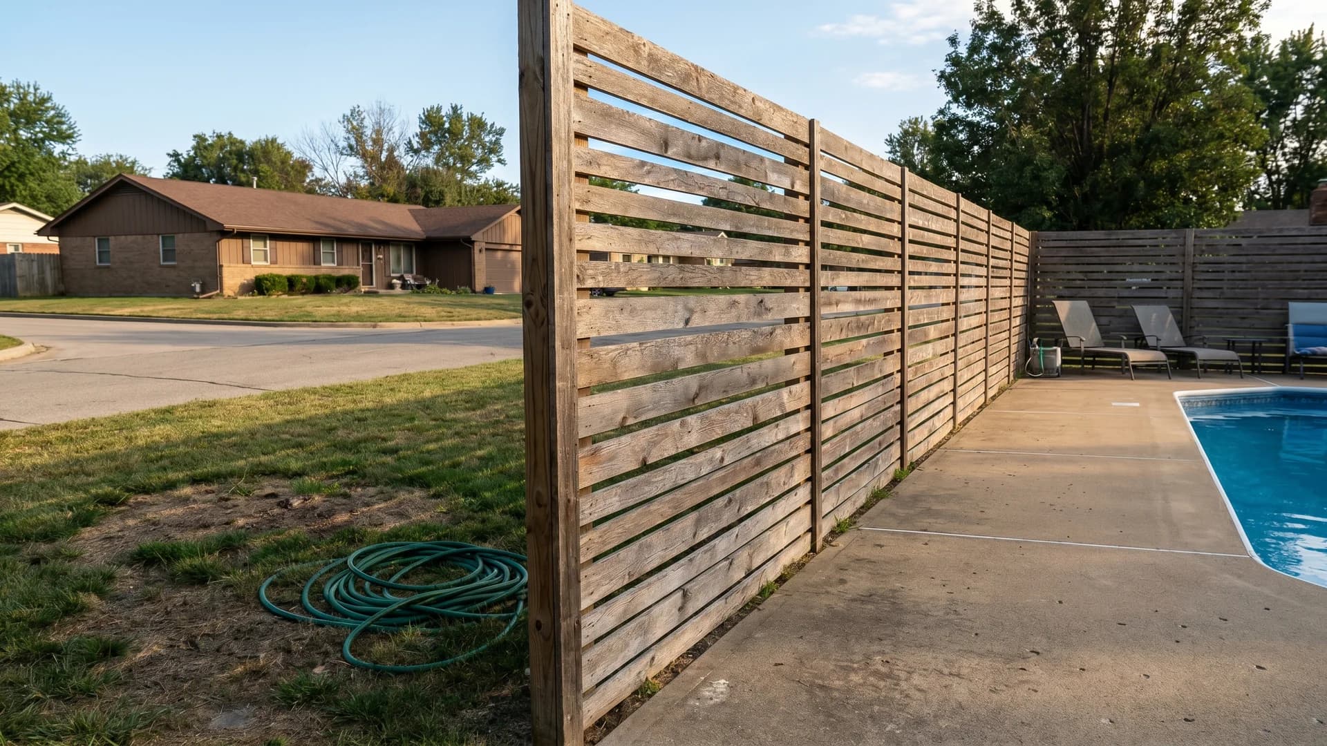 Horizontal slat privacy wall along one side of a pool deck at a corner lot home