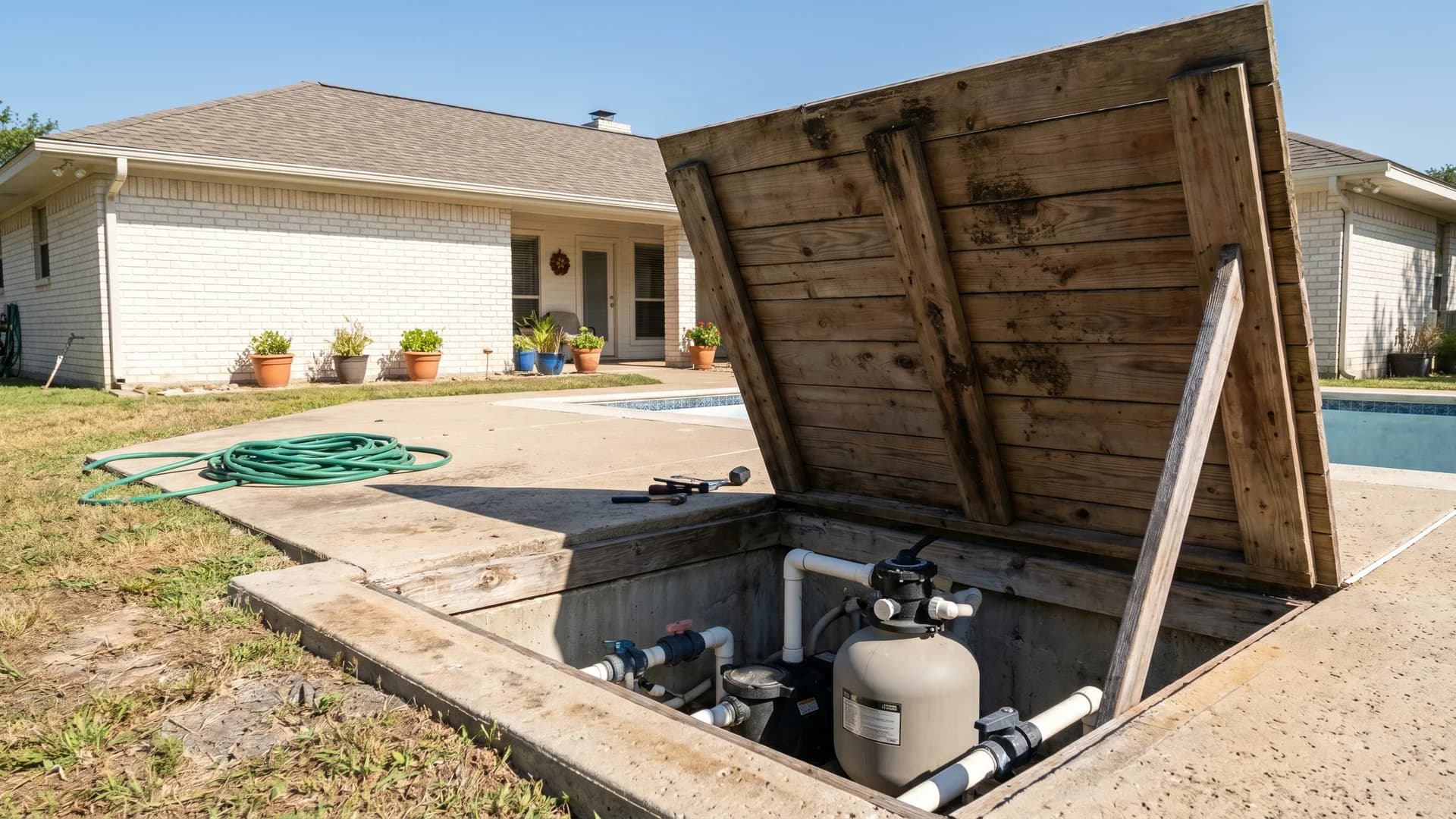 Pool deck with an open flush storage hatch revealing the pump and filter below at a white ranch home