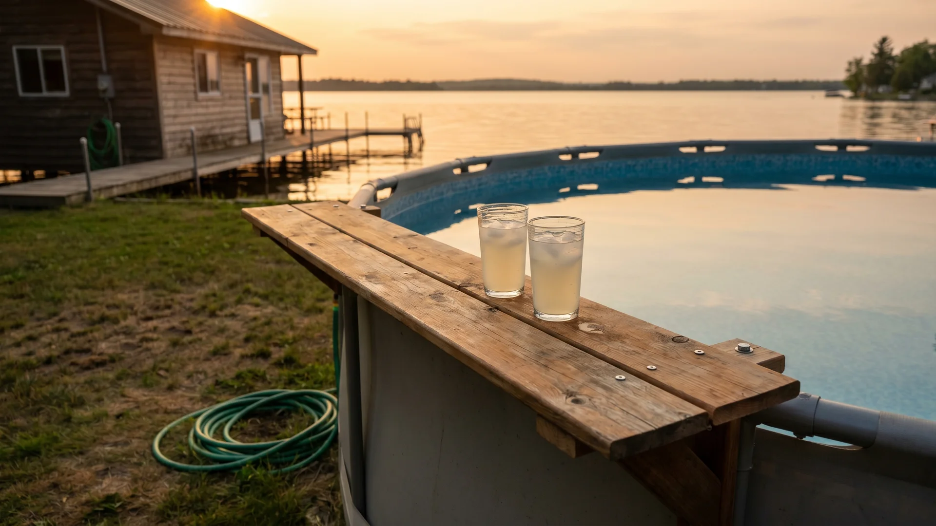 Wooden drink ledge bar top mounted on a pool top rail with two glasses at a lake cottage in the evening