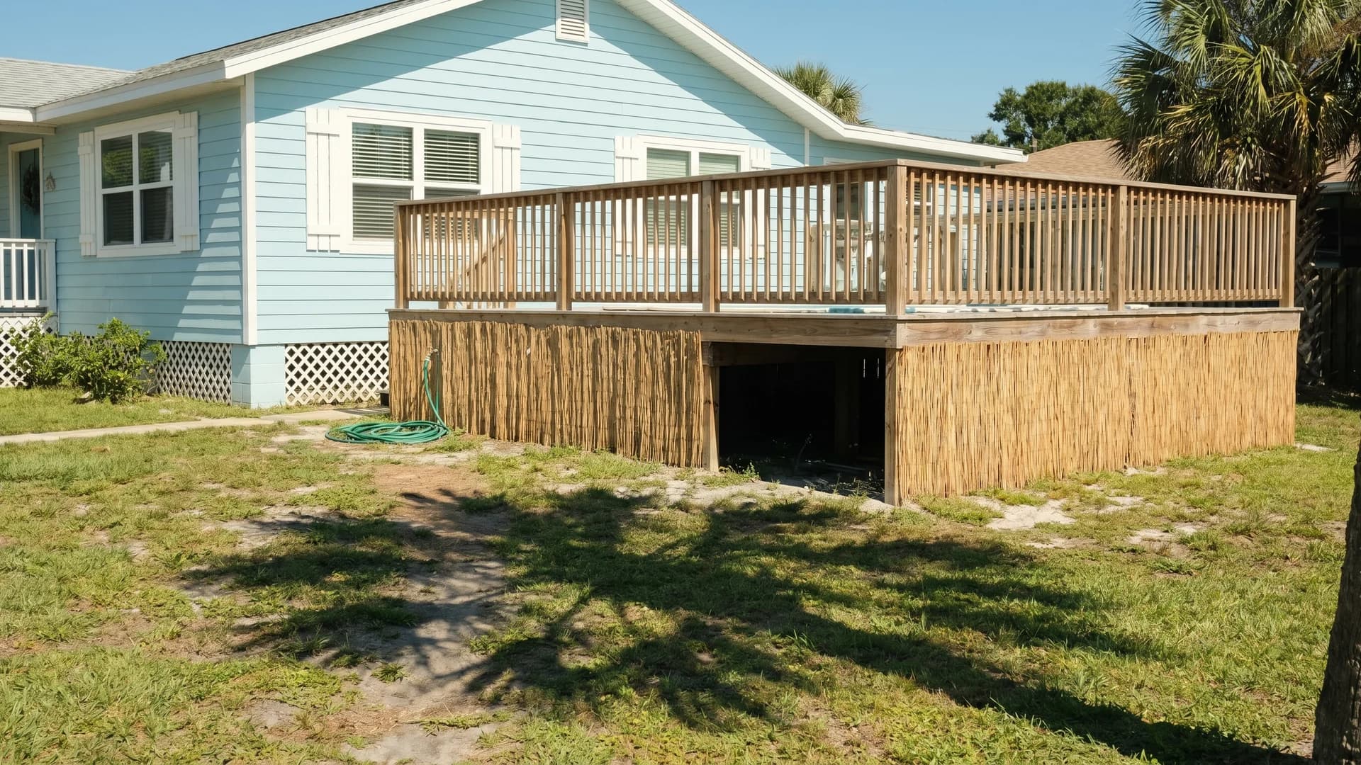 Reed fencing wrapped around the base of a pool platform at a light blue coastal cottage