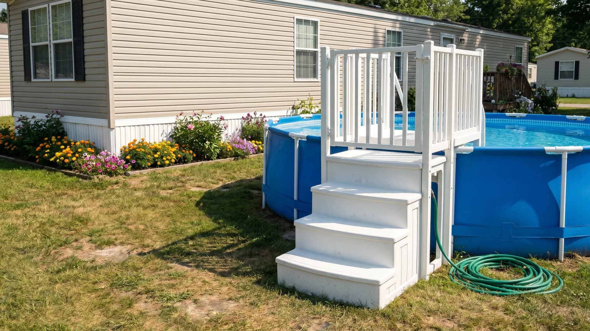 White resin snap-together steps and platform on an above ground pool at a tidy mobile home