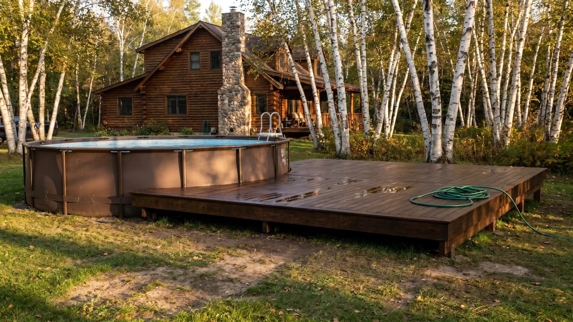 Freshly stained small pool deck in dark walnut at a wooden cabin style home