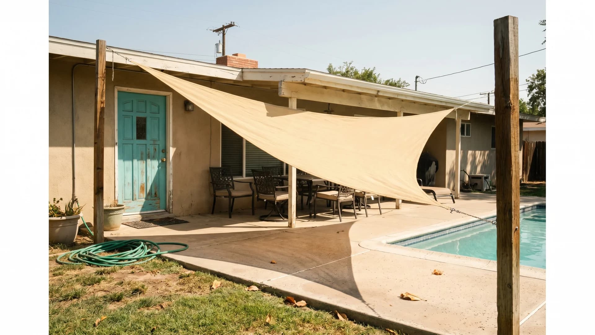 Triangular shade sail stretched over a pool deck at a 1960s ranch house with turquoise accents