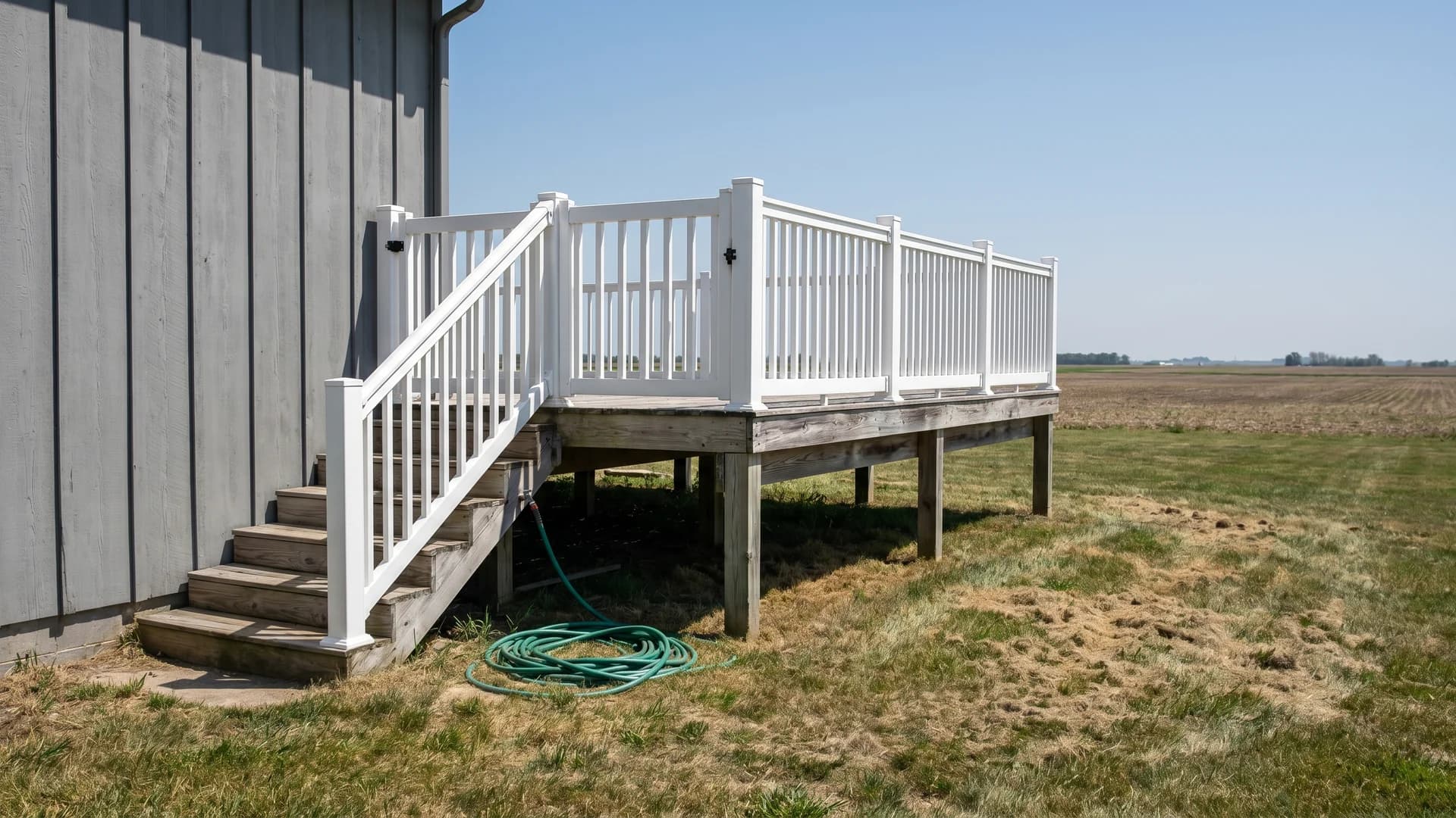 Full single-side pool deck with white railing at a gray farmhouse