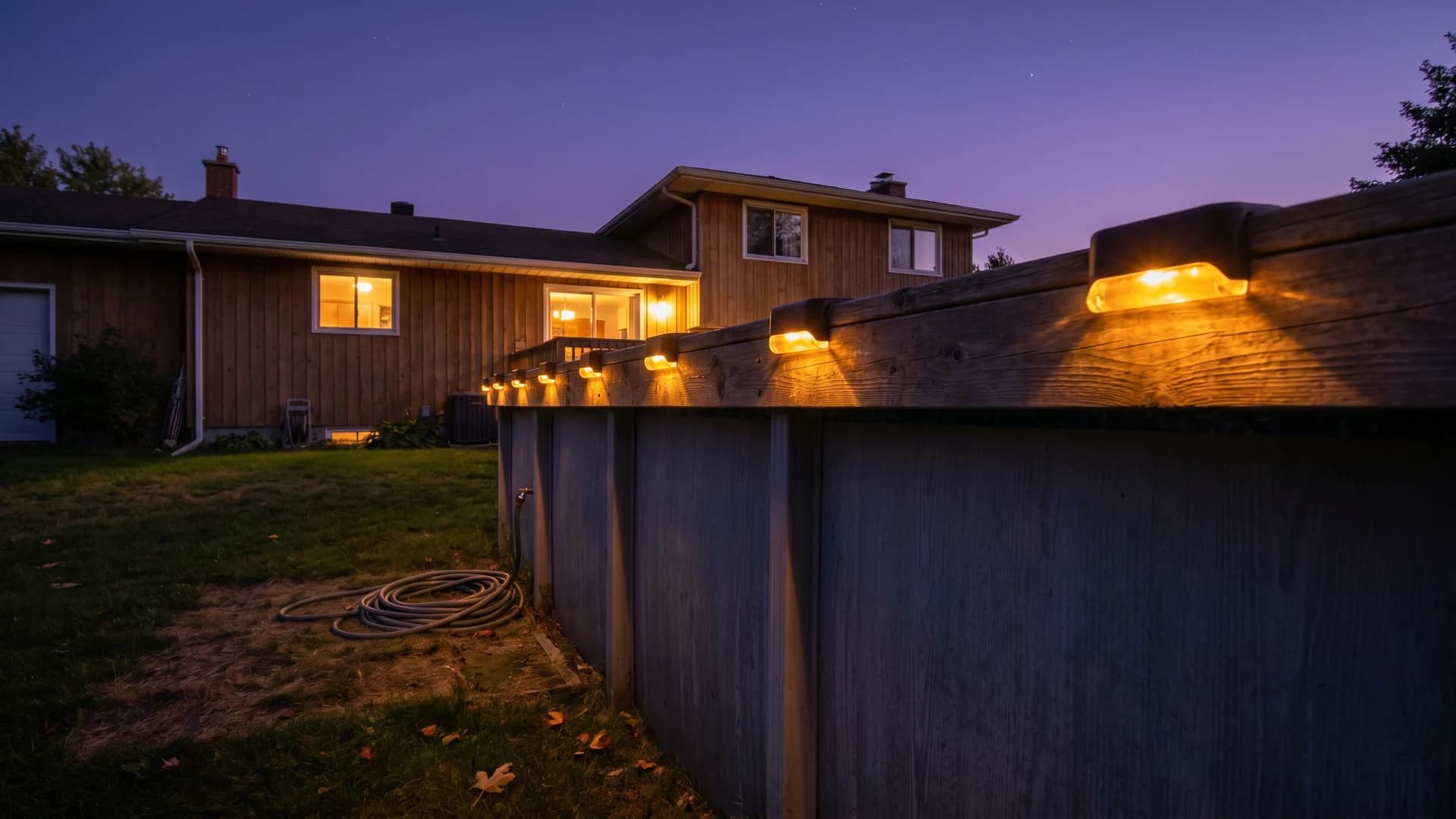 Solar cap lights glowing on an above ground pool rail at a 1970s split level home at dusk