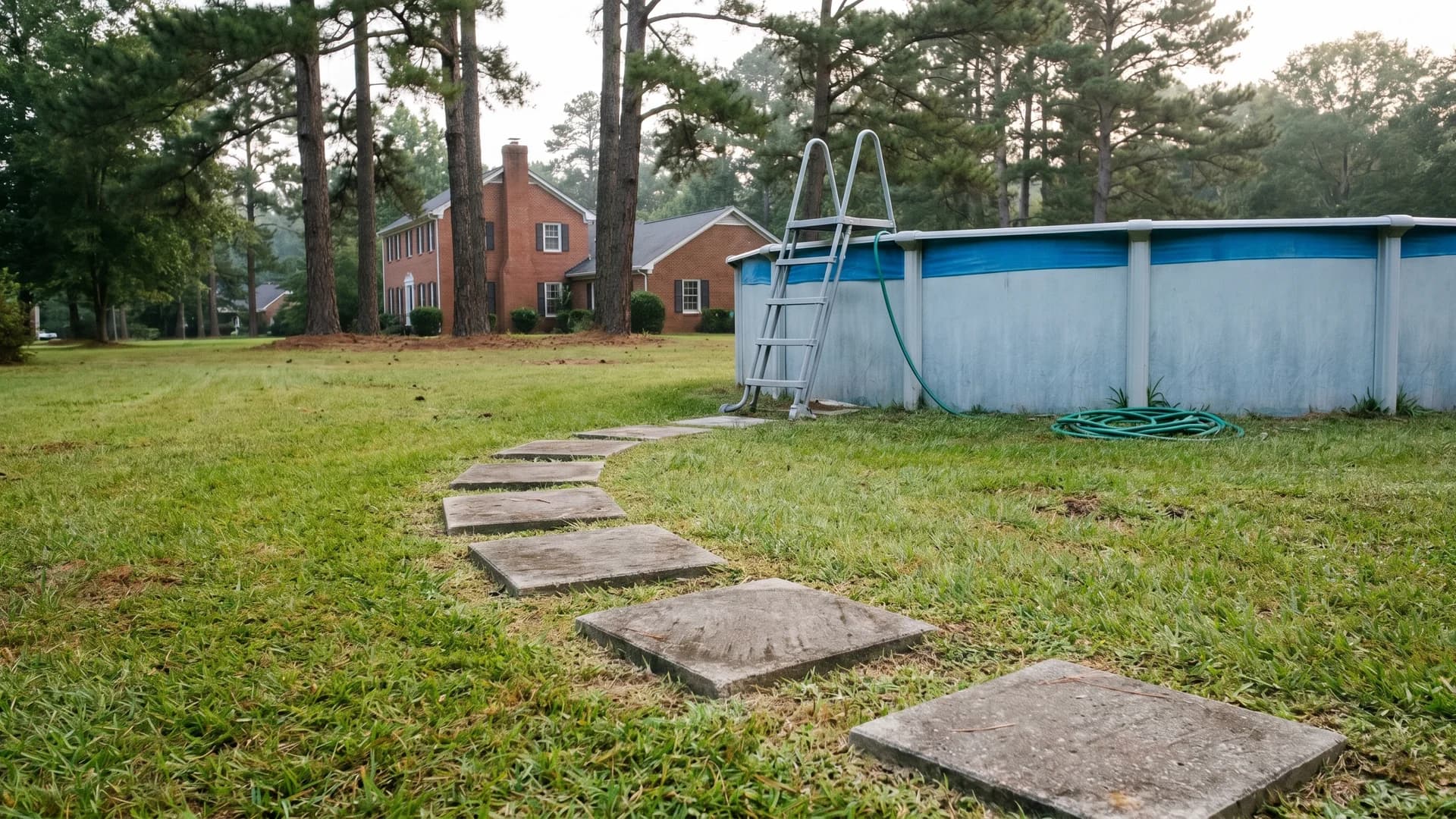 Square stepping stones leading to an above ground pool ladder beside a red brick colonial home