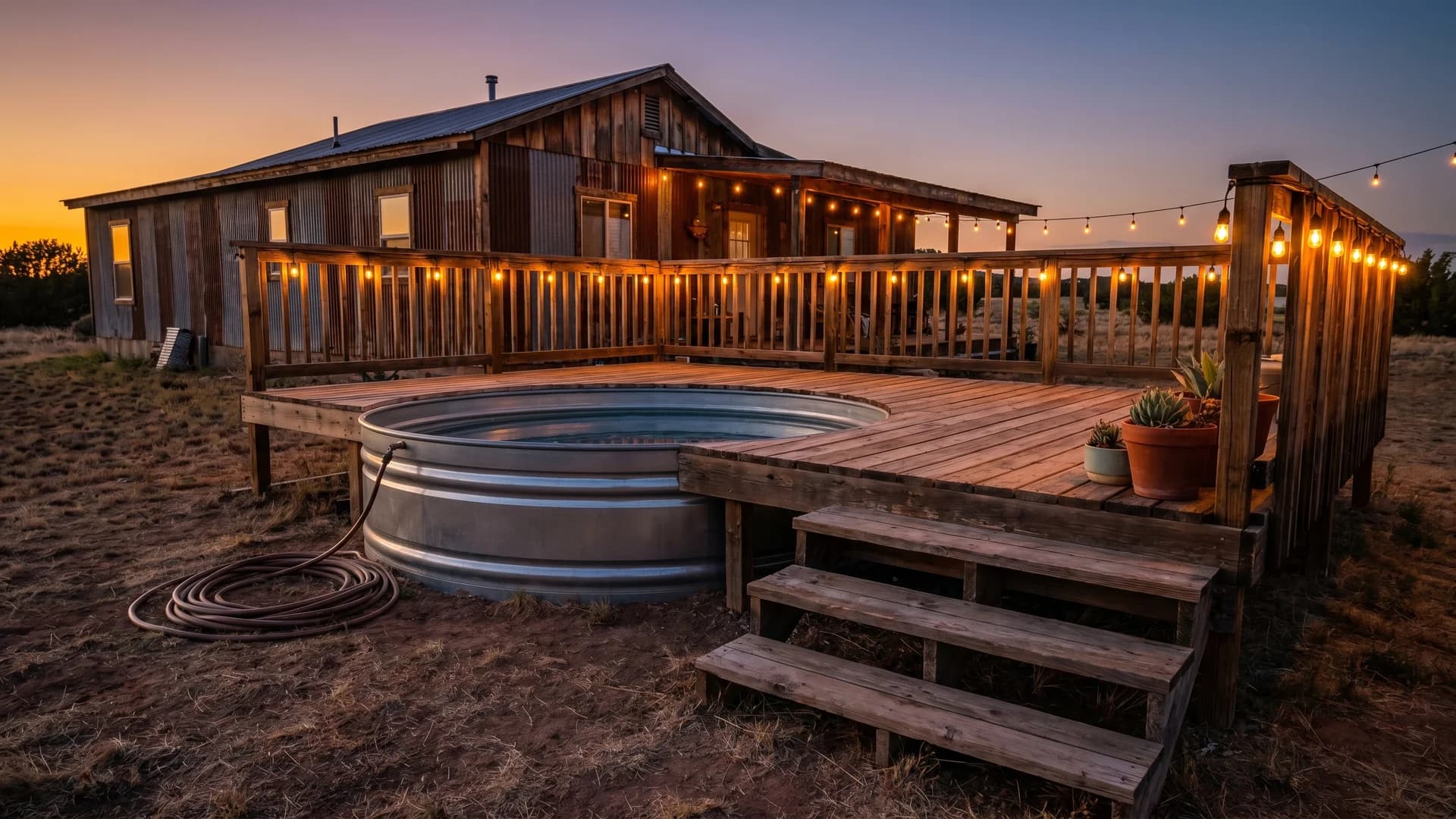 Small wood deck beside a galvanized stock tank pool at a desert homestead with a corrugated metal house