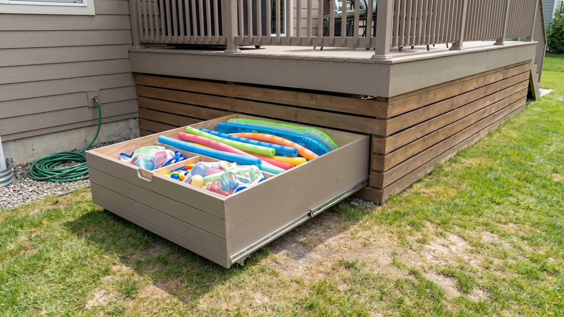Under-deck storage with a pull-out drawer holding pool floats at a taupe colored house