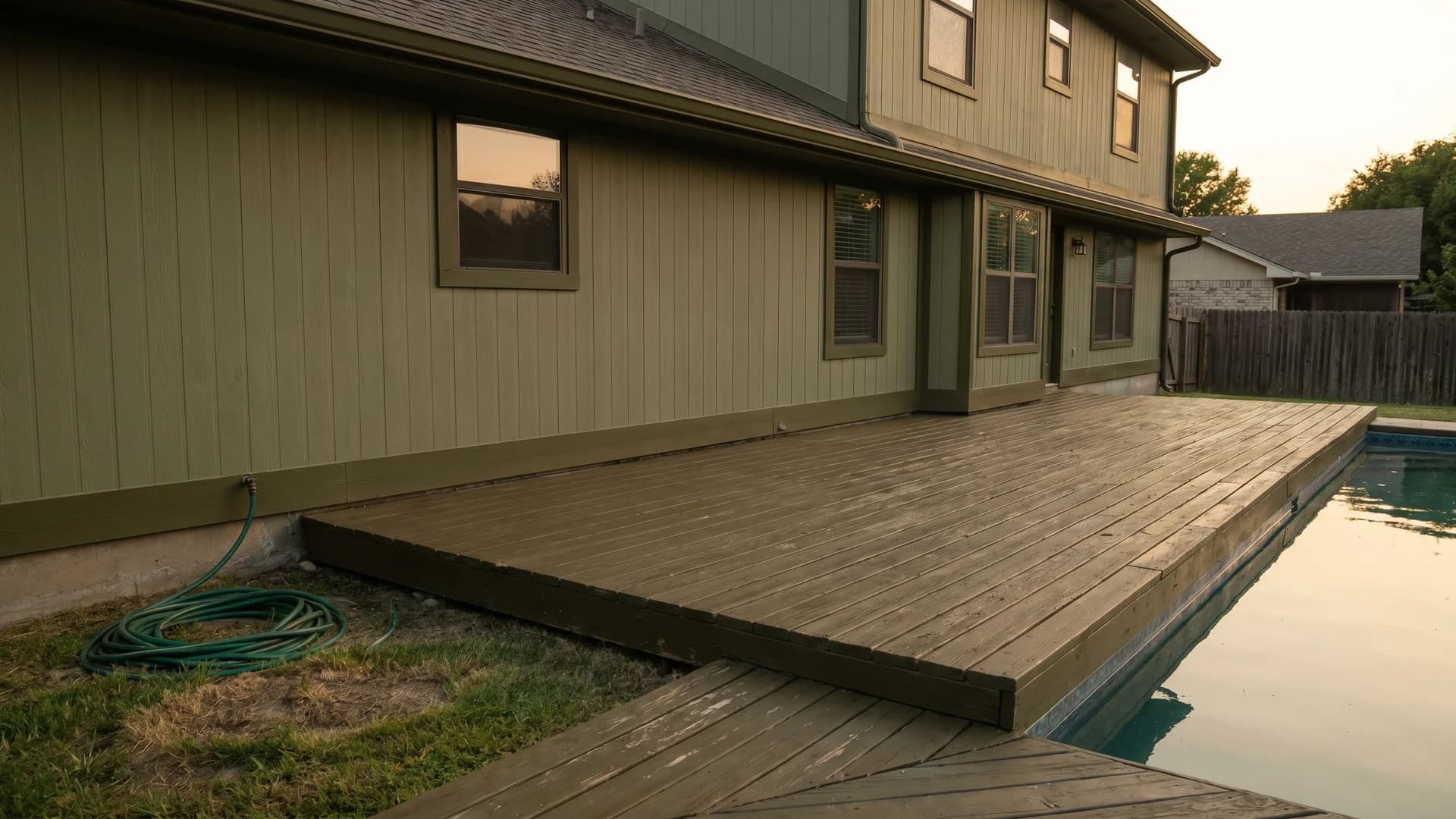 Pool deck stained olive-bronze to match the house trim color for a coordinated look