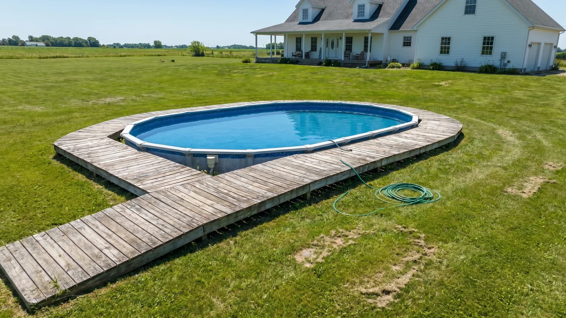 Narrow 3-foot wraparound walkway circling an above ground pool at a large country house