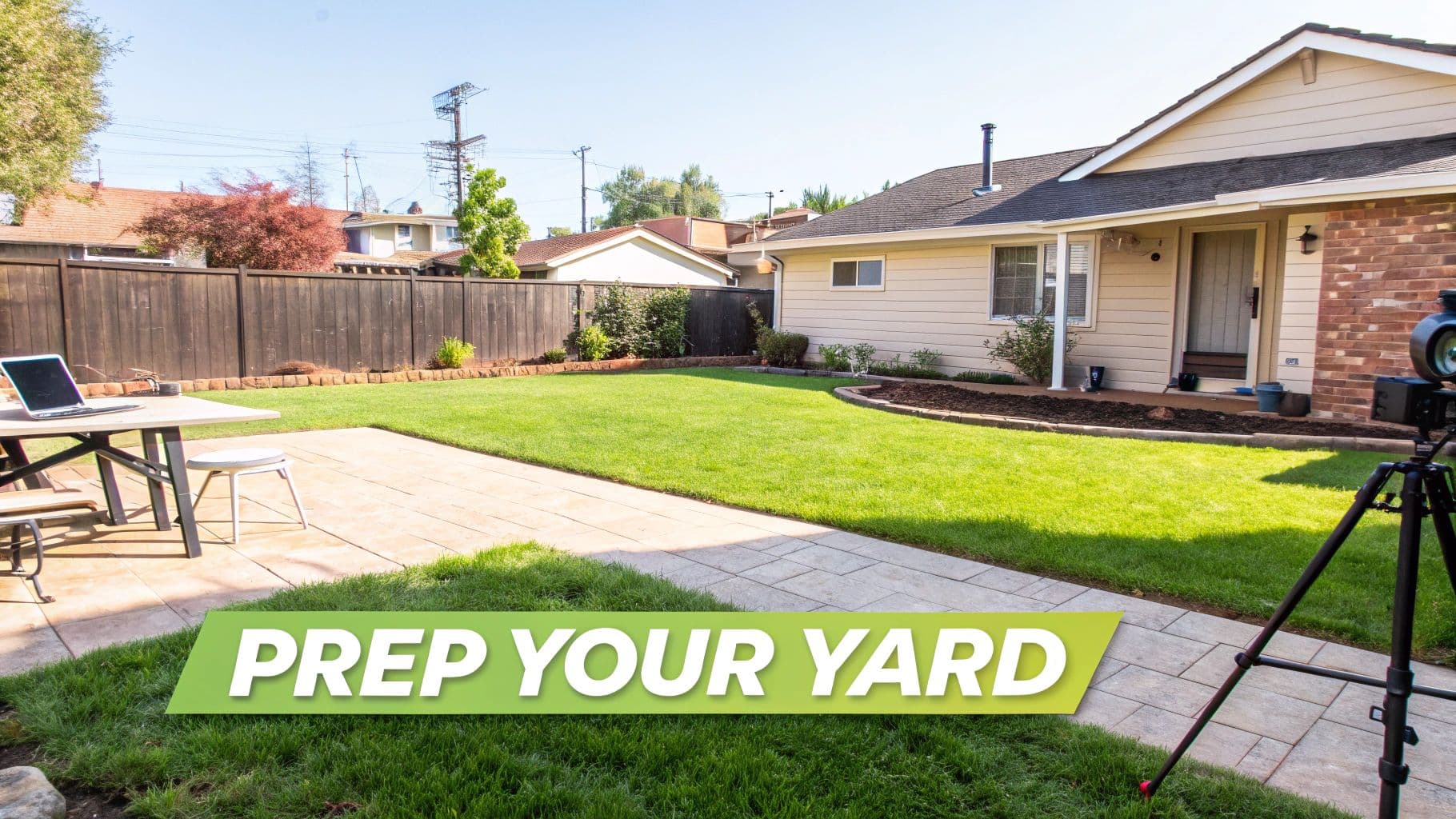 A well-maintained sunny backyard with green grass, a patio, a house, and a banner saying 'PREP YOUR YARD'.