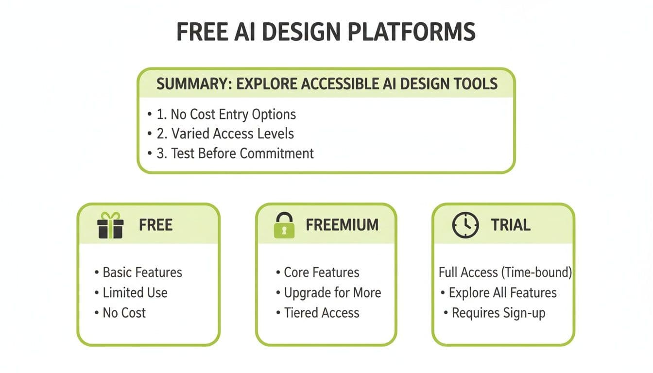 Infographic detailing free, freemium, and trial options for AI design platforms with features comparison.