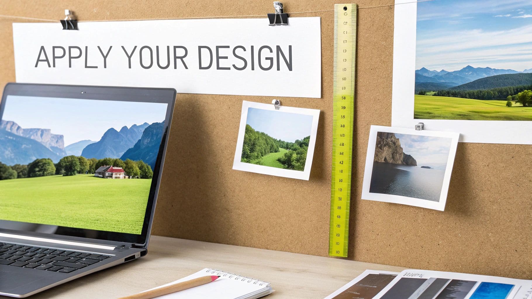 A design workspace with a laptop displaying a landscape, a cork board with photos and design instructions.