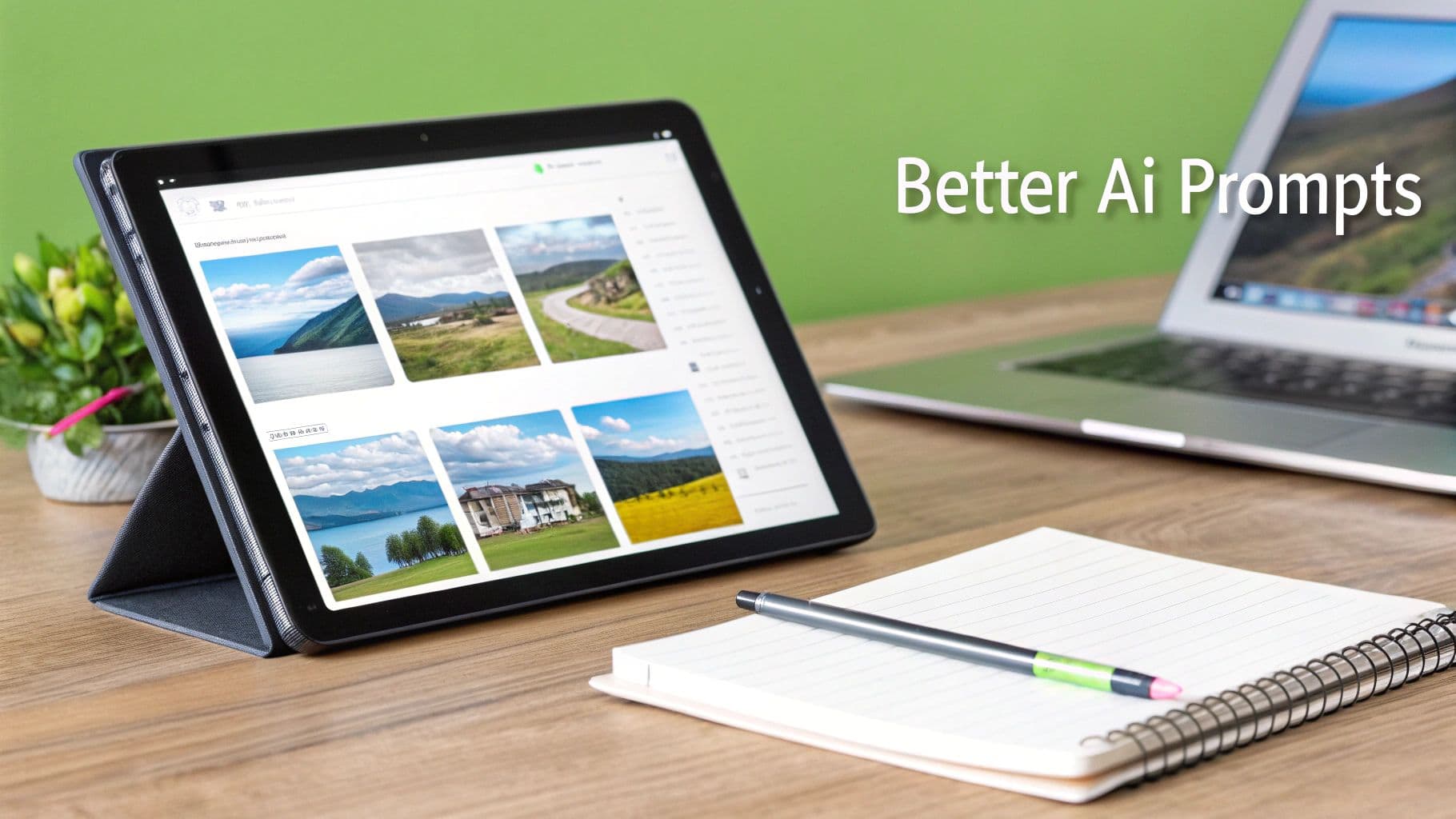 Digital tablet showcasing beautiful landscape photographs on a wooden desk with a laptop and notebook.