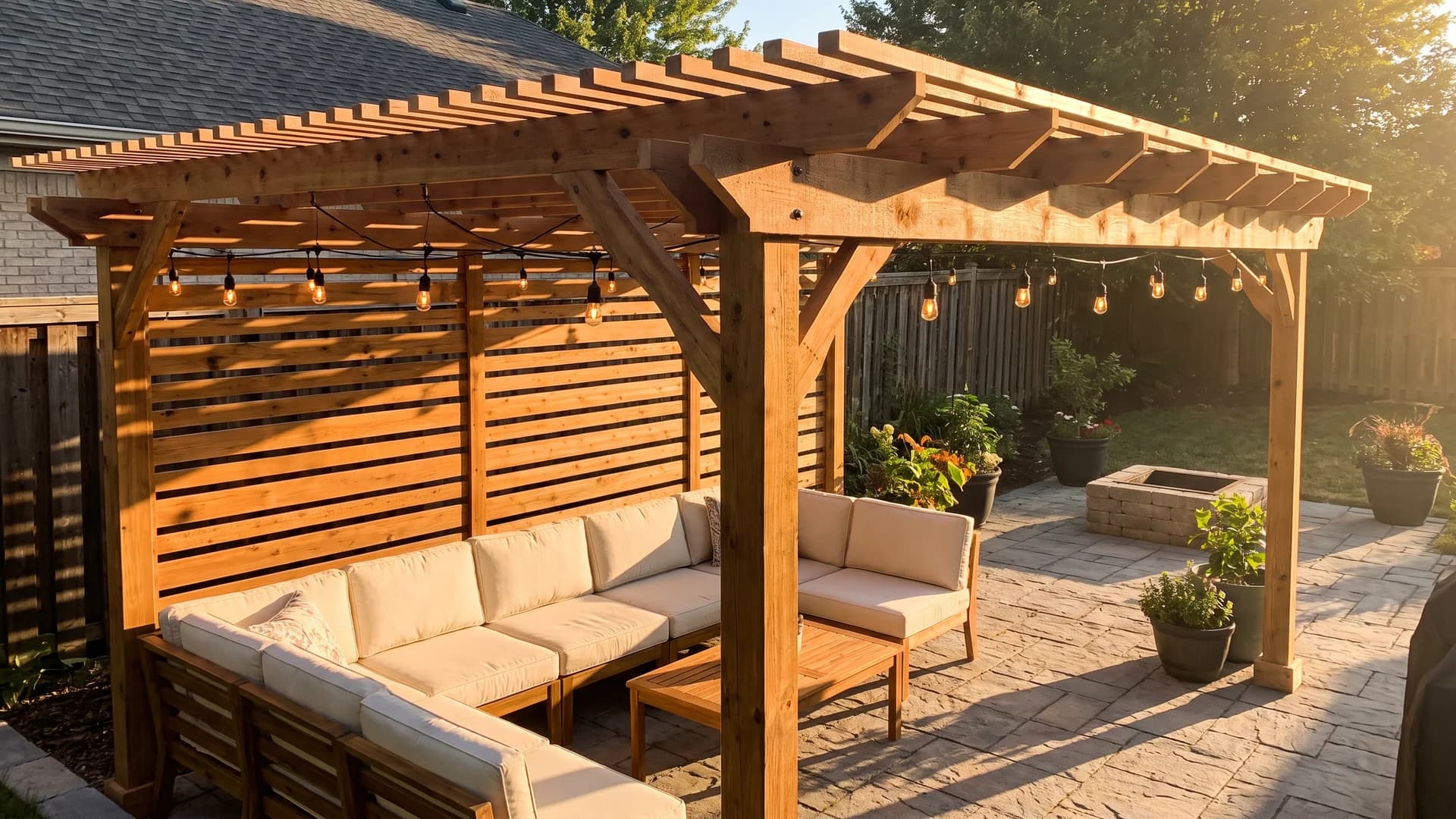 Cedar pergola with a flat slatted roof shading a patio seating area