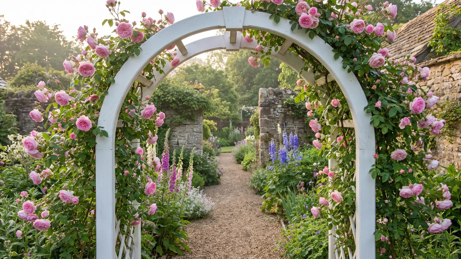 Arched garden arbor with climbing roses framing a gravel path
