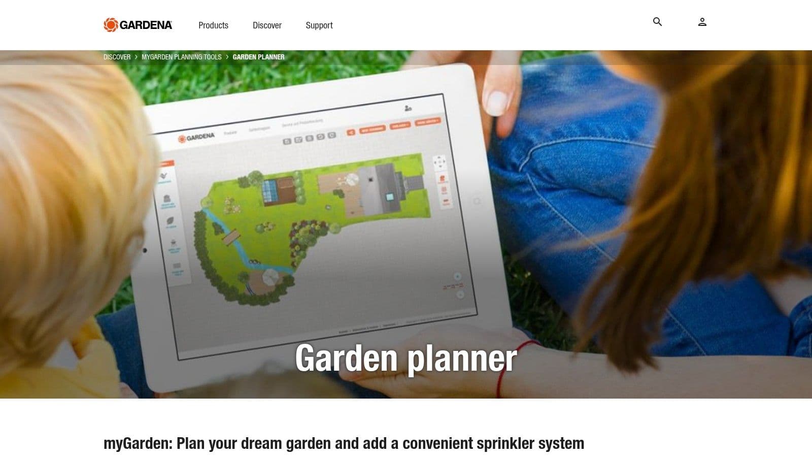 GARDENA myGarden interface showing a 2D garden layout with an integrated sprinkler system plan
