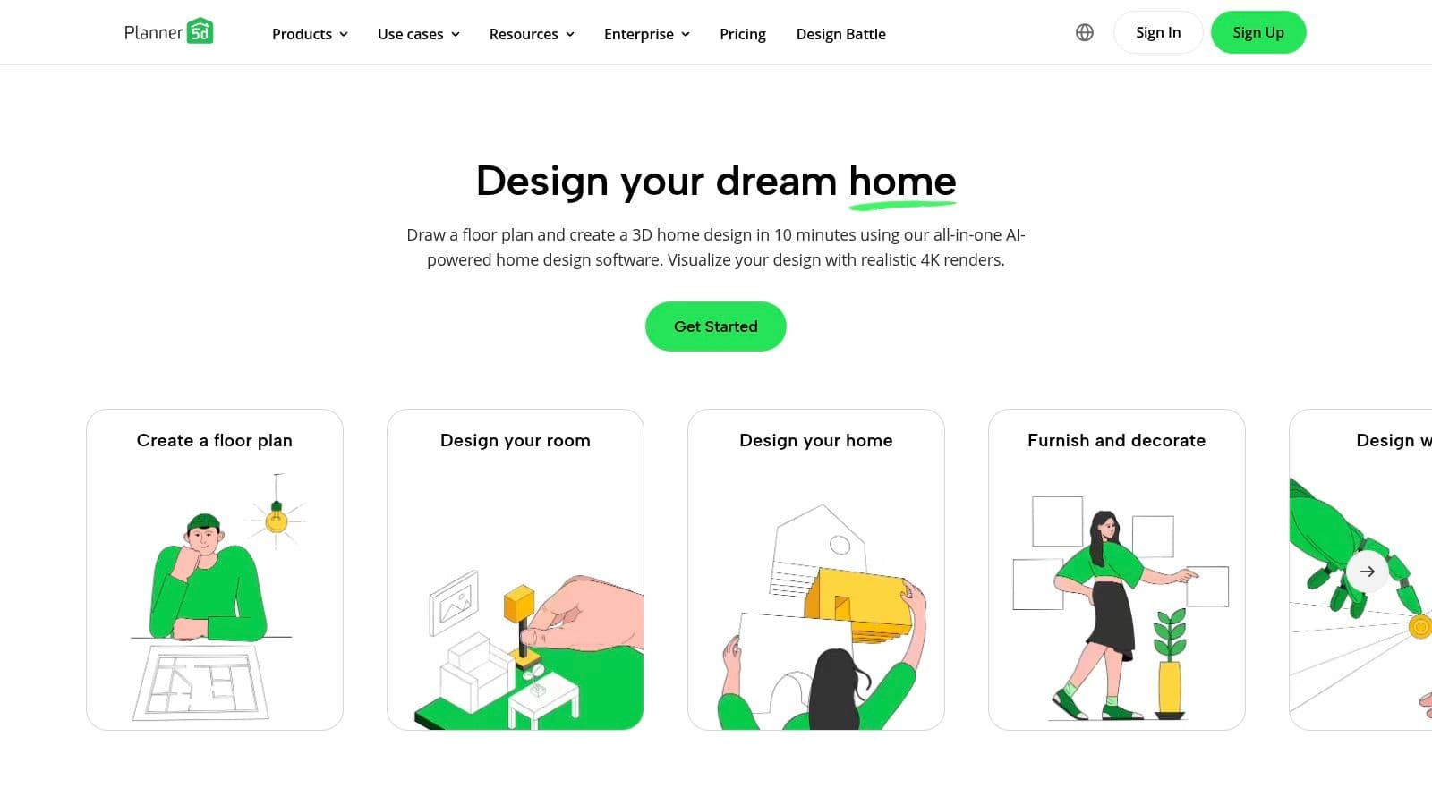 Planner 5D backyard design app interface showing a 3D rendering of a modern backyard with a pool and patio