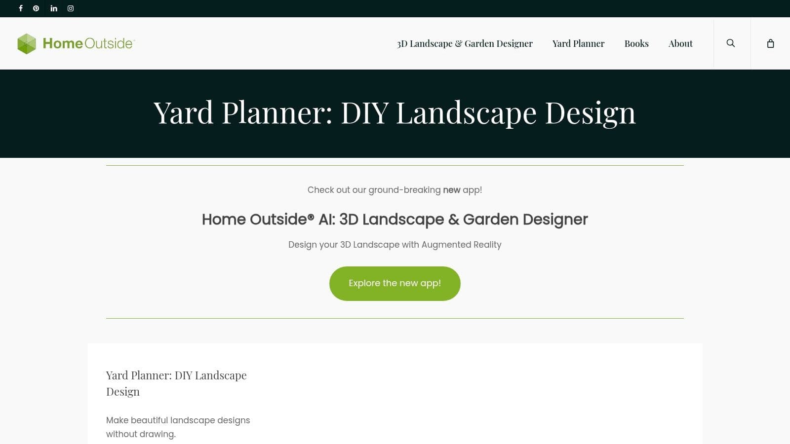 Home Outside 3D/Yard Planner interface showing a backyard layout with plants and furniture