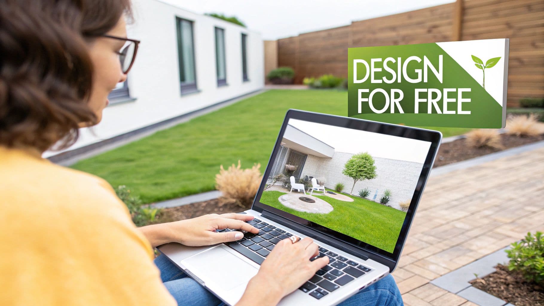 A person uses a laptop to view a modern backyard design, with a 'DESIGN FOR FREE' banner.