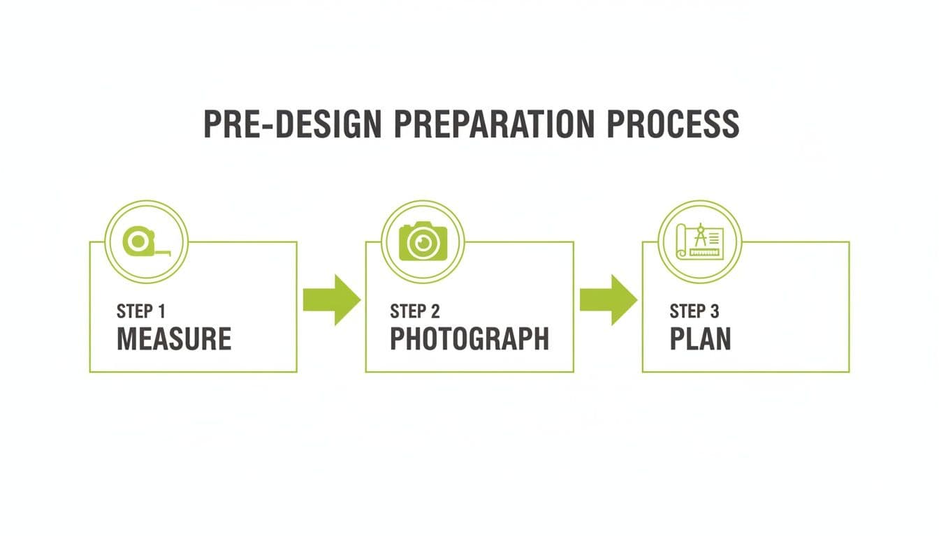 A three-step pre-design preparation process flowchart with icons for measure, photograph, and plan.