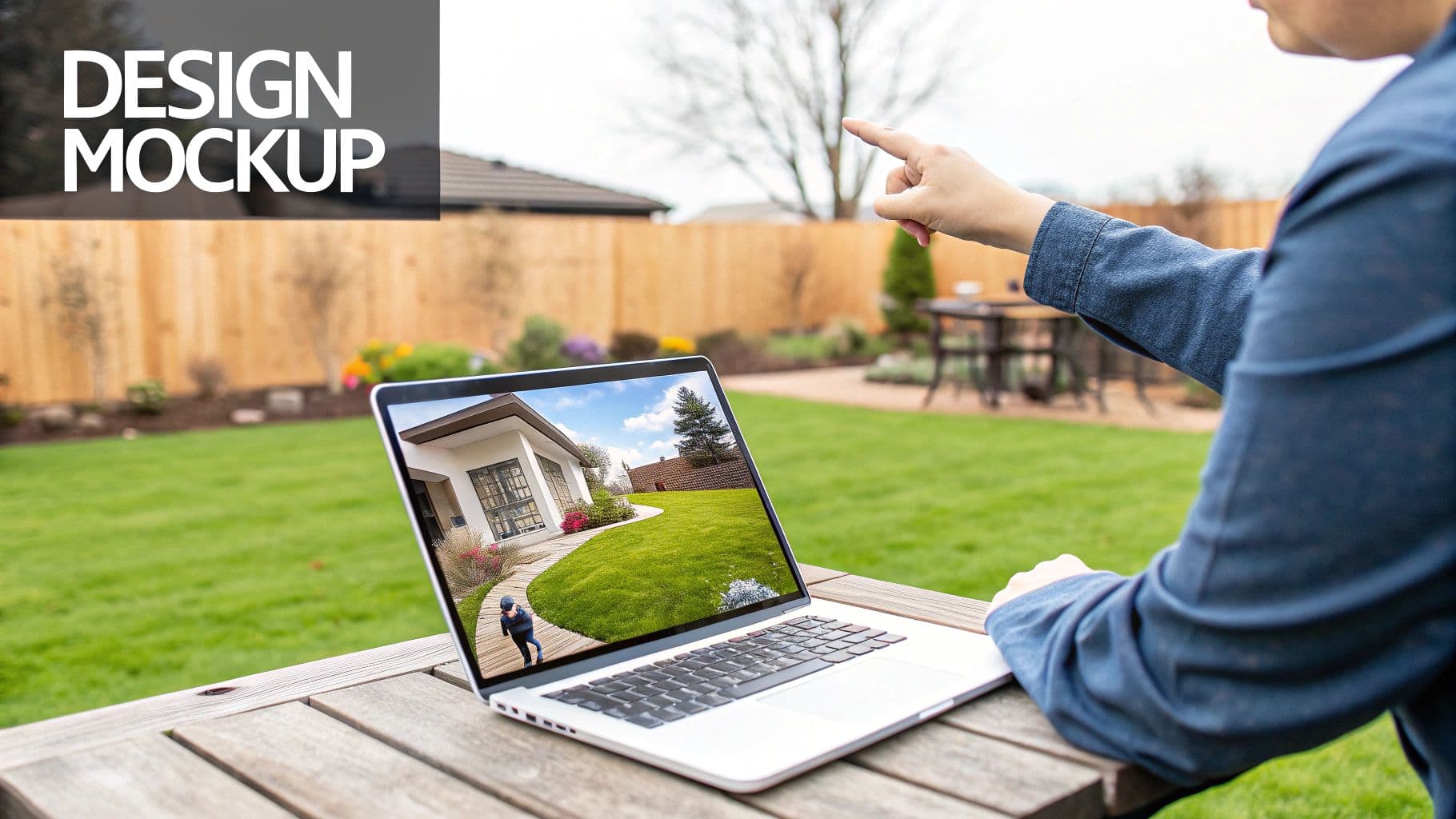Person viewing a 3D landscape design on a laptop outdoors in a backyard, pointing at the surroundings.