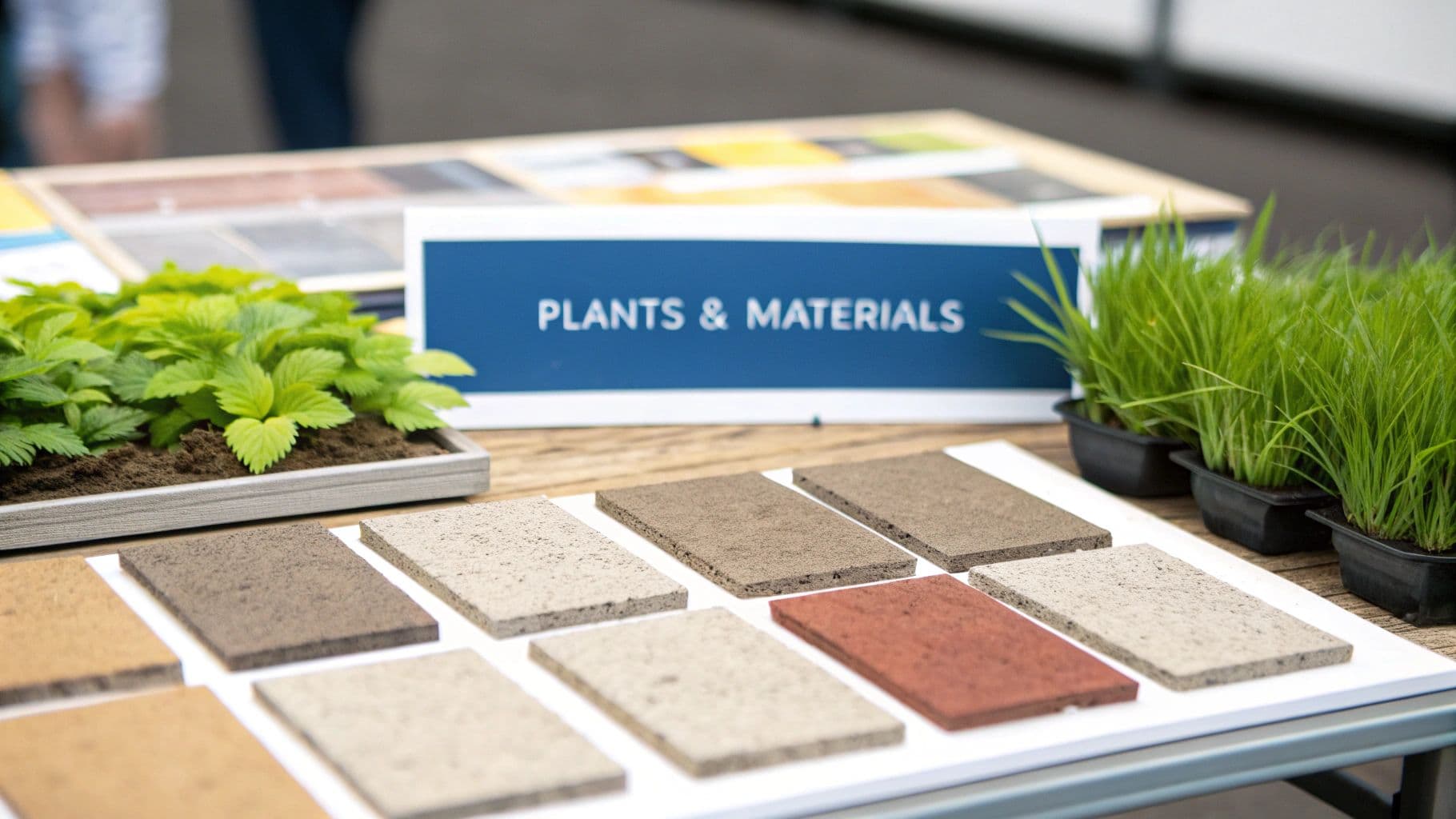 Various landscaping materials including colored paver samples, green plants, and grass, displayed with a 'PLANTS & MATERIALS' sign.