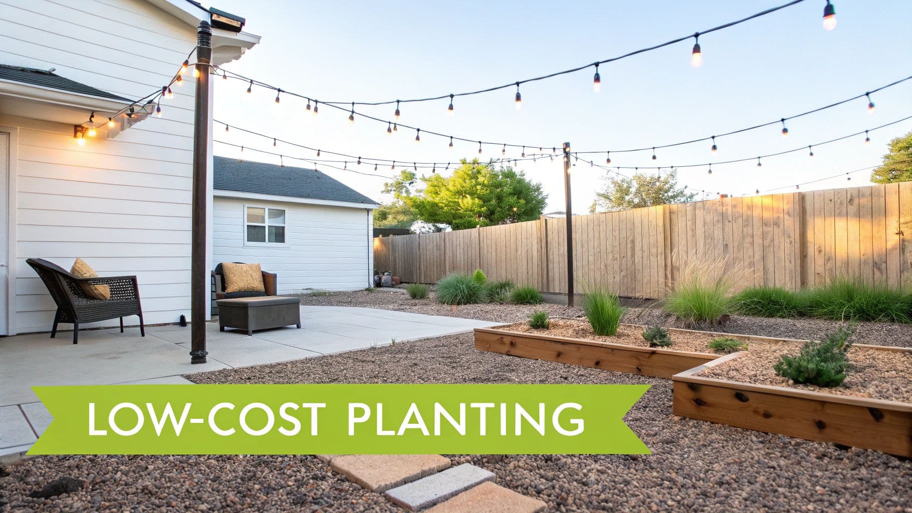 A low-cost backyard patio design featuring string lights, gravel, raised garden beds, and outdoor seating.