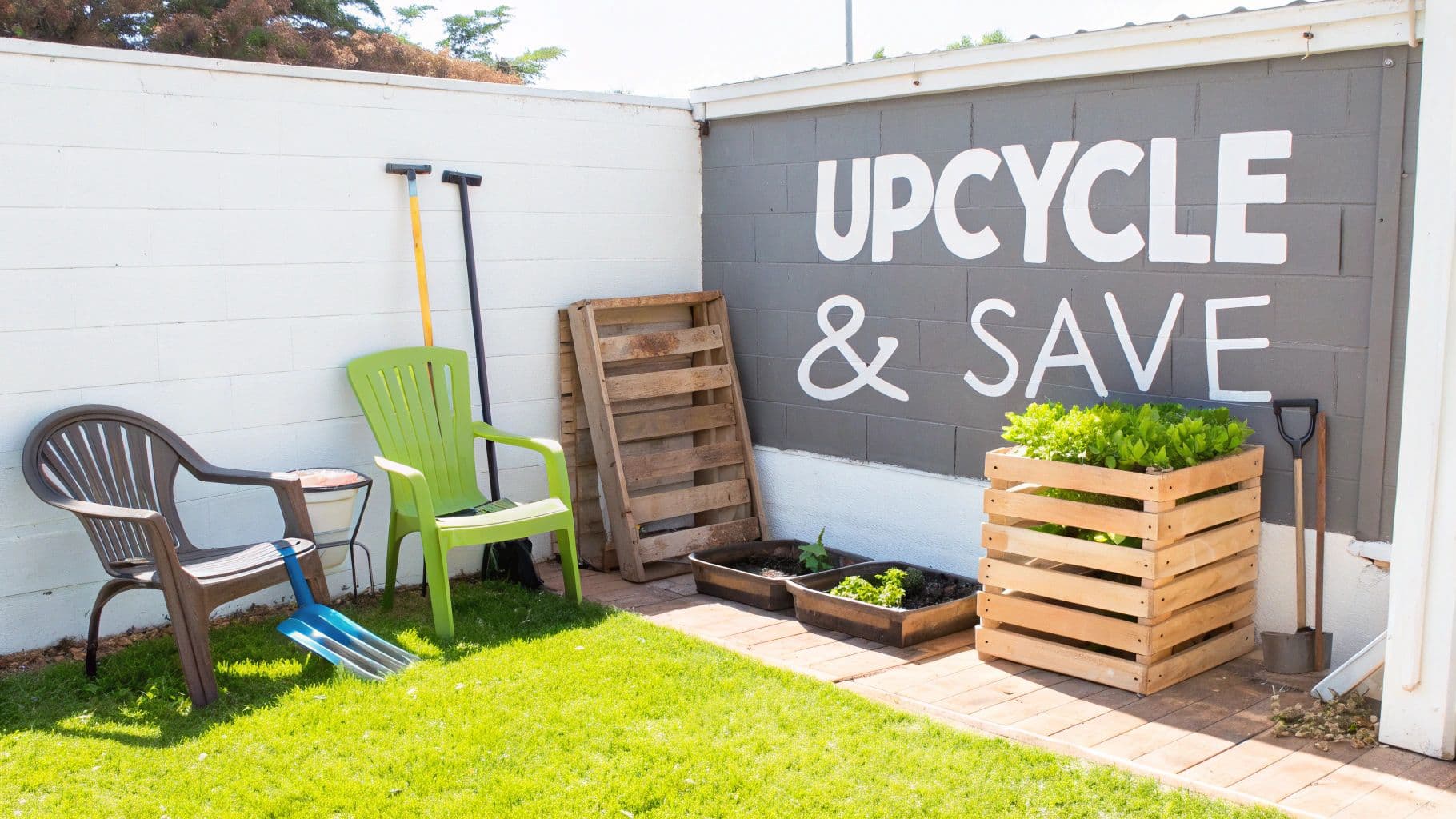 A backyard corner with an 'UPCYCLE & SAVE' wall, a planter box, chairs, and gardening tools.
